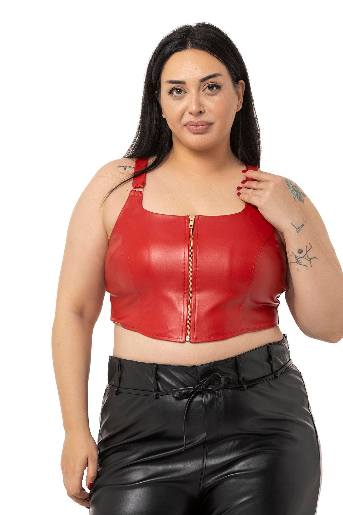 DISENTIS MODEST GENC BUYUK BEDEN DERI BUSTIYERDISENTIS MODESTBüyük Beden Fermuar Detaylı Deri Kırmızı Büstiyer