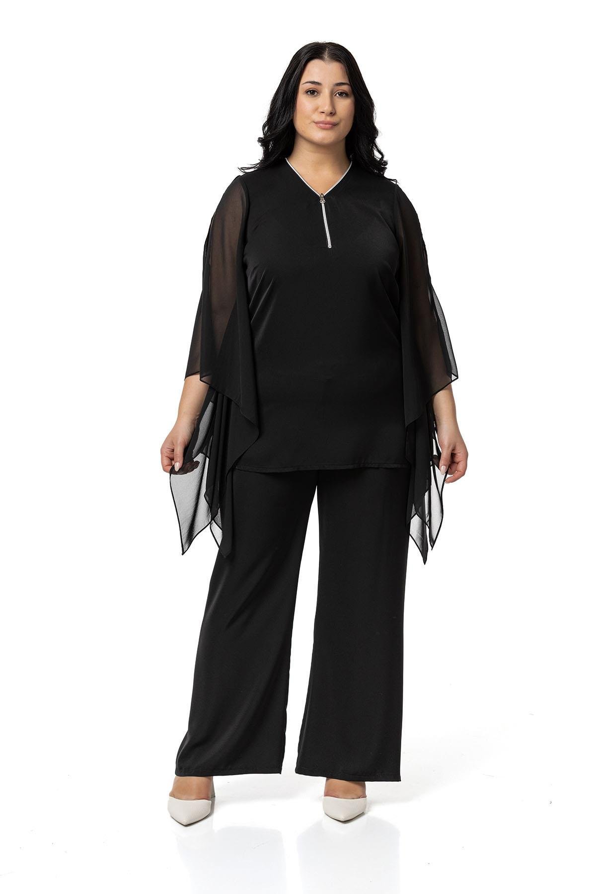 Disentis Modest Fermuar Detaylı Geniş Kesim Bluz Pantolon Siyah İkili TakımDISENTIS MODESTBüyük Beden Fermuar Detaylı Geniş Kesim Bluz Pantolon Siyah İkili Takım
