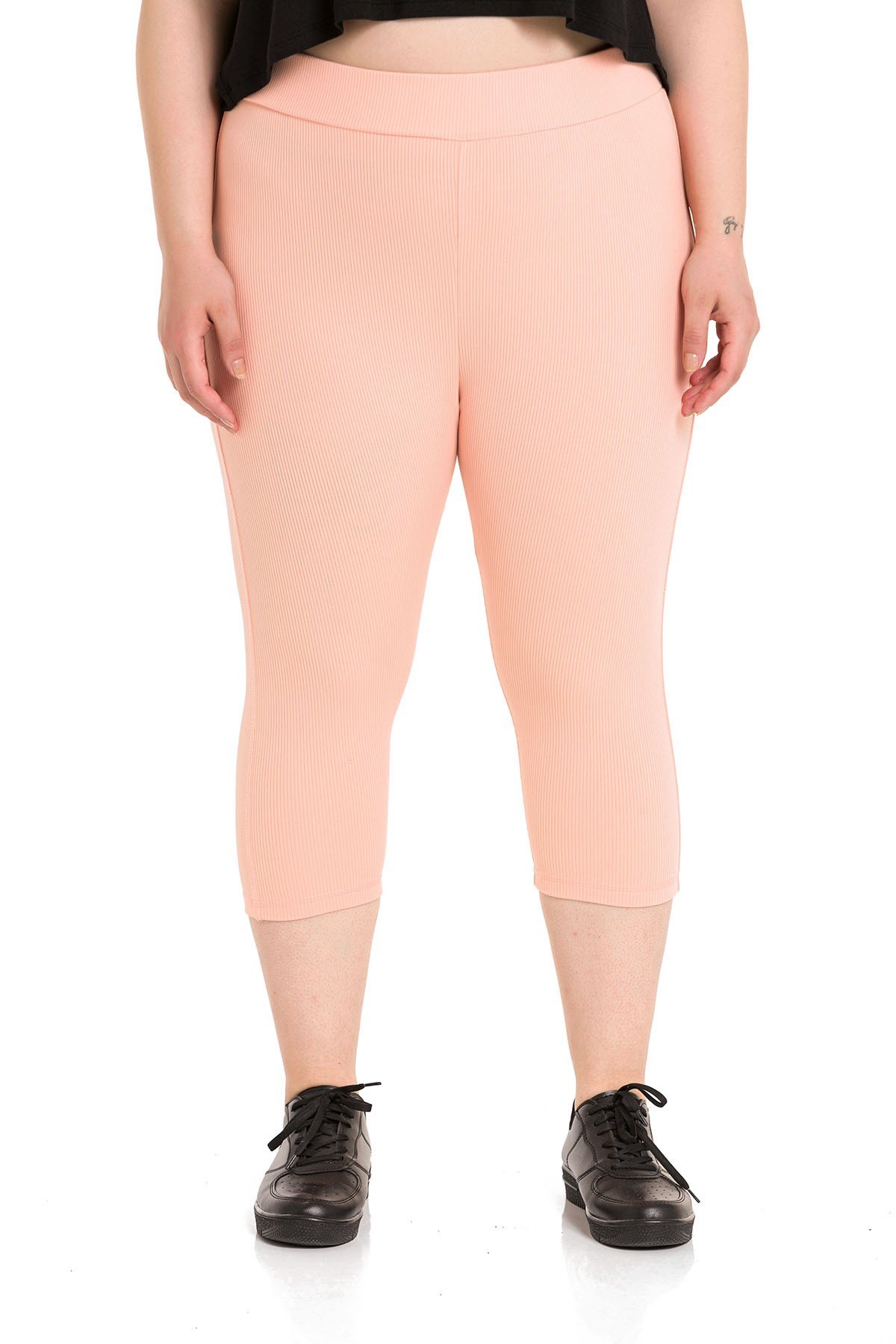 Büyük Beden Fitilli Beli Lastikli Karyoka Dikişli Diz Altı Somon Rengi Bayan Tayt