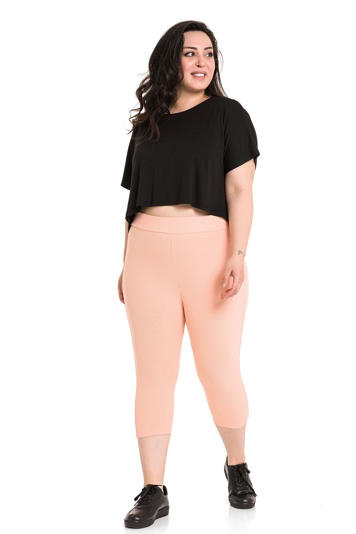 Büyük Beden Fitilli Beli Lastikli Karyoka Dikişli Diz Altı Somon Rengi Bayan Tayt