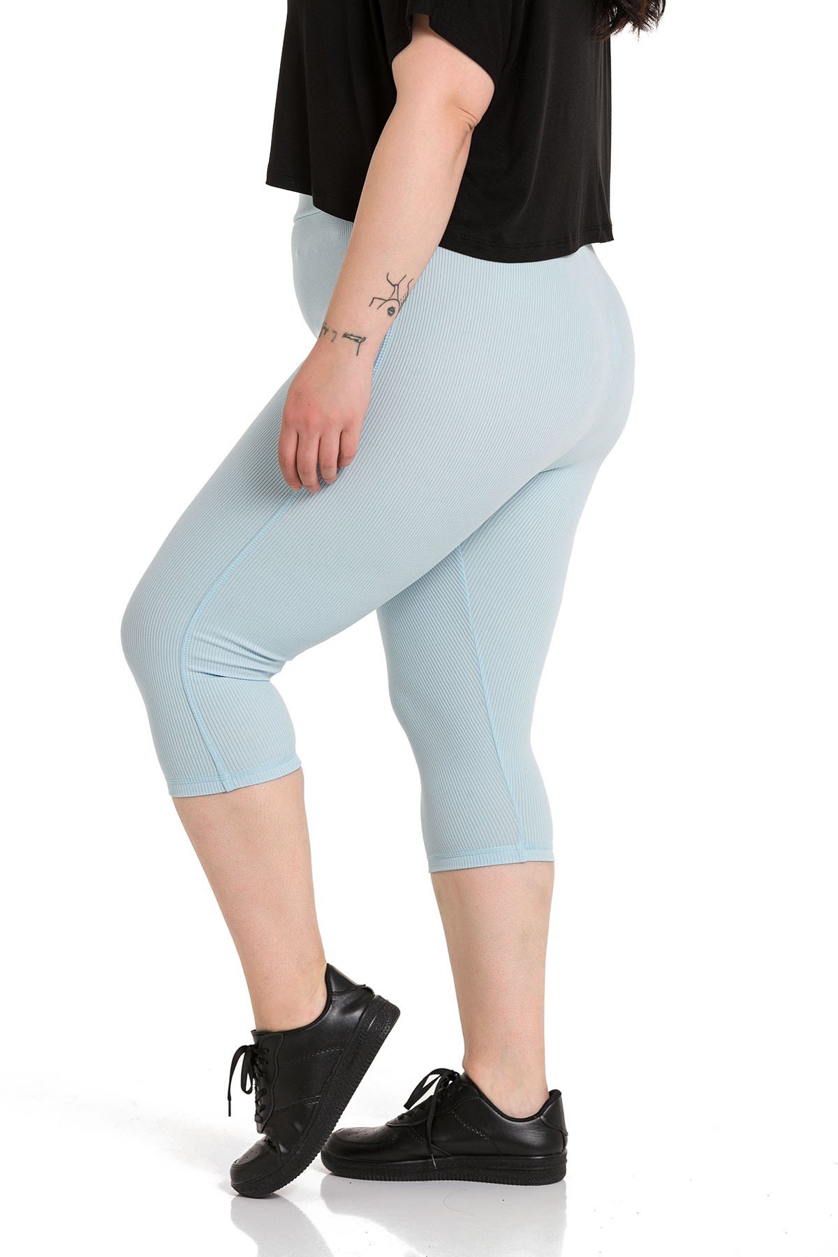 Büyük Beden Fitilli Beli Lastikli Karyoka Dikişli Diz Altı Bebe Mavi Bayan Tayt