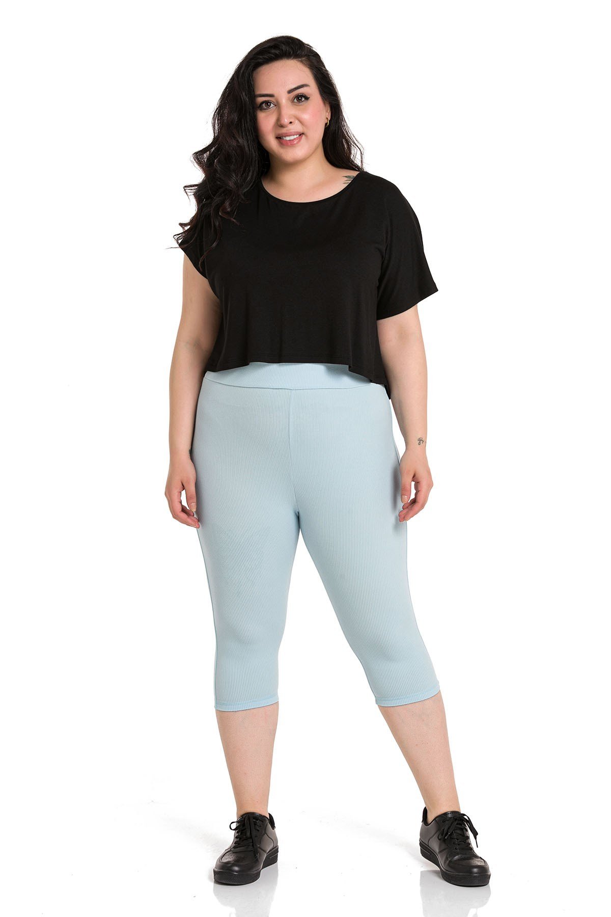 Büyük Beden Fitilli Beli Lastikli Karyoka Dikişli Diz Altı Bebe Mavi Bayan Tayt