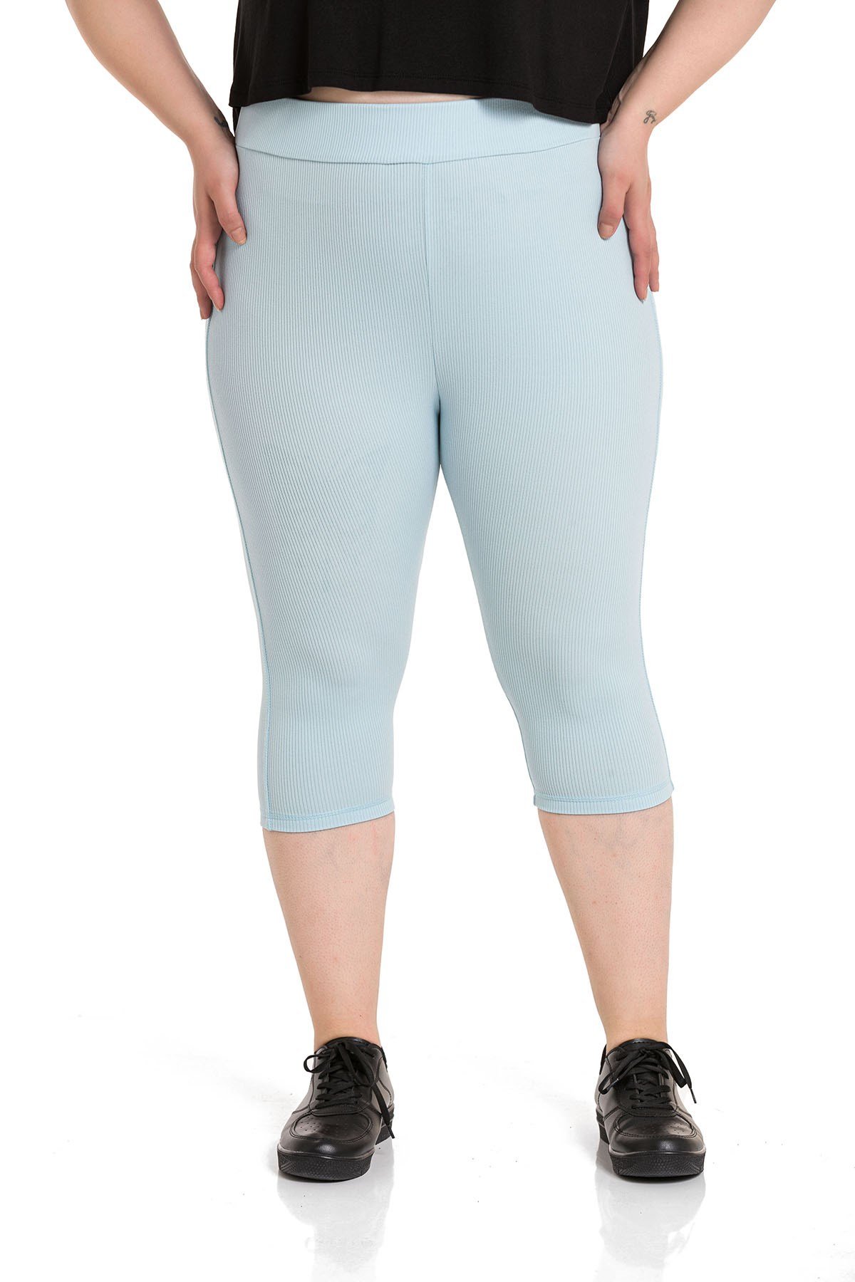 Büyük Beden Fitilli Beli Lastikli Karyoka Dikişli Diz Altı Bebe Mavi Bayan Tayt