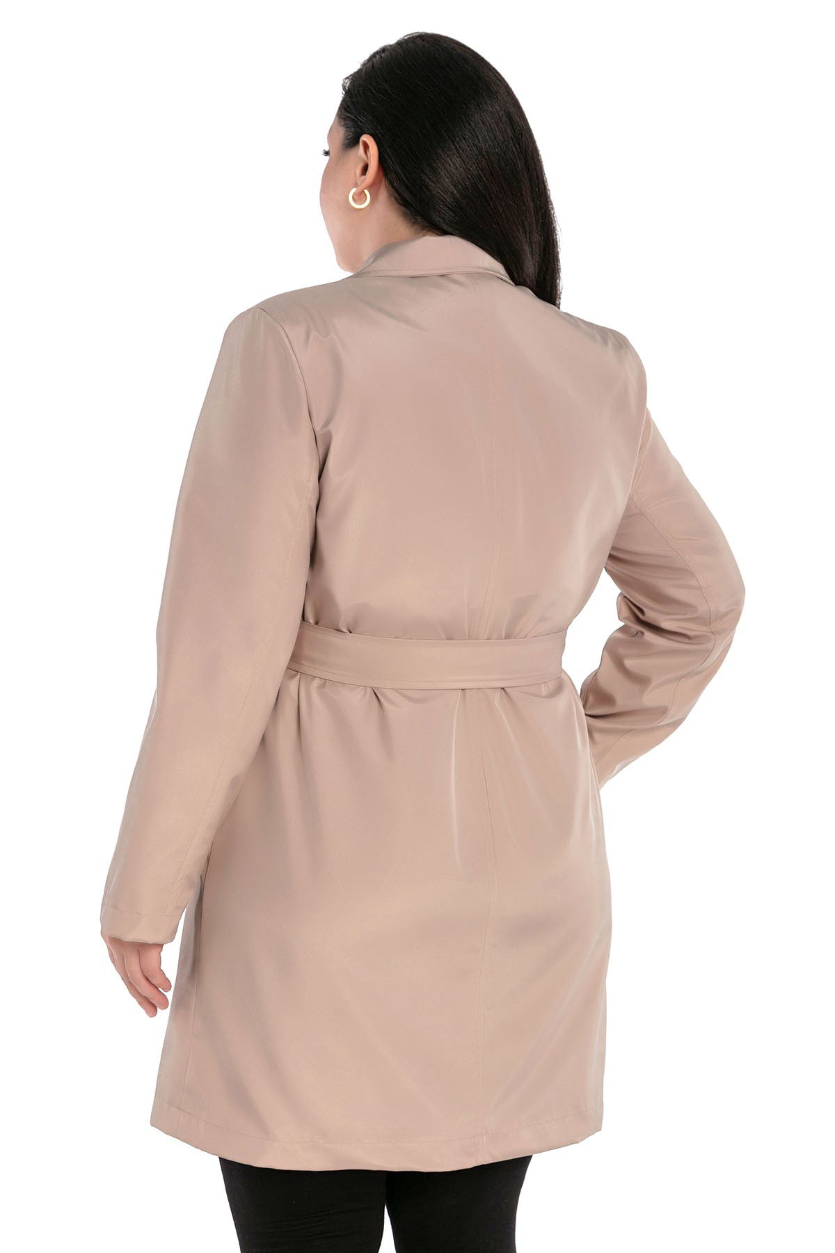 Büyük Beden Fleto Cepli Kuşaklı Kruvaze Astarlı Bej Rengi Ceket