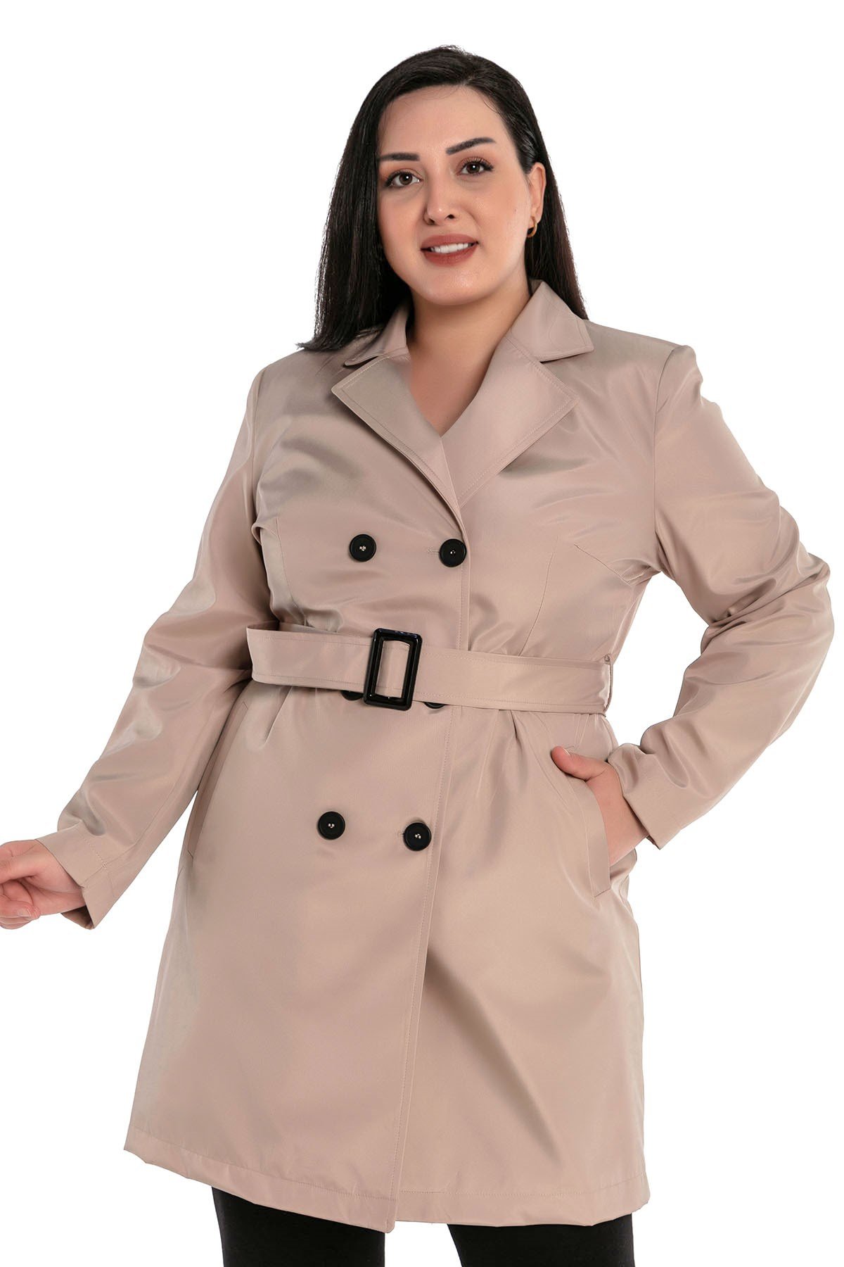 Büyük Beden Fleto Cepli Kuşaklı Kruvaze Astarlı Bej Rengi Ceket