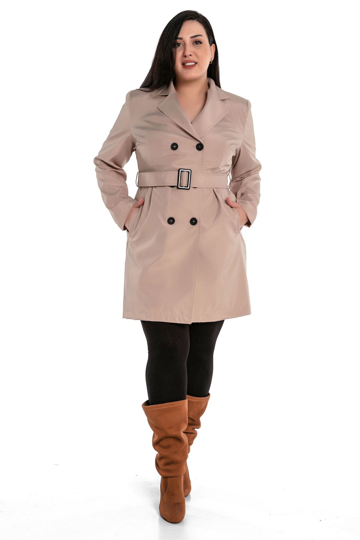 Büyük Beden Fleto Cepli Kuşaklı Kruvaze Astarlı Bej Rengi Ceket