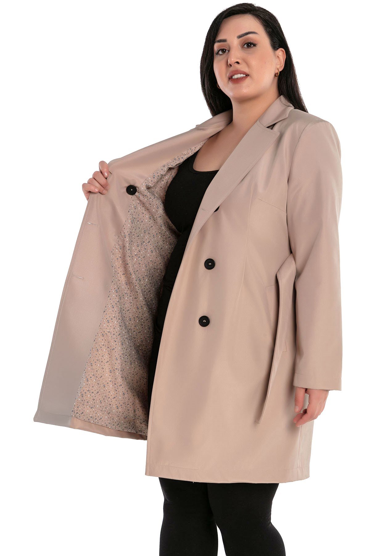 Büyük Beden Fleto Cepli Kuşaklı Kruvaze Astarlı Bej Rengi Ceket