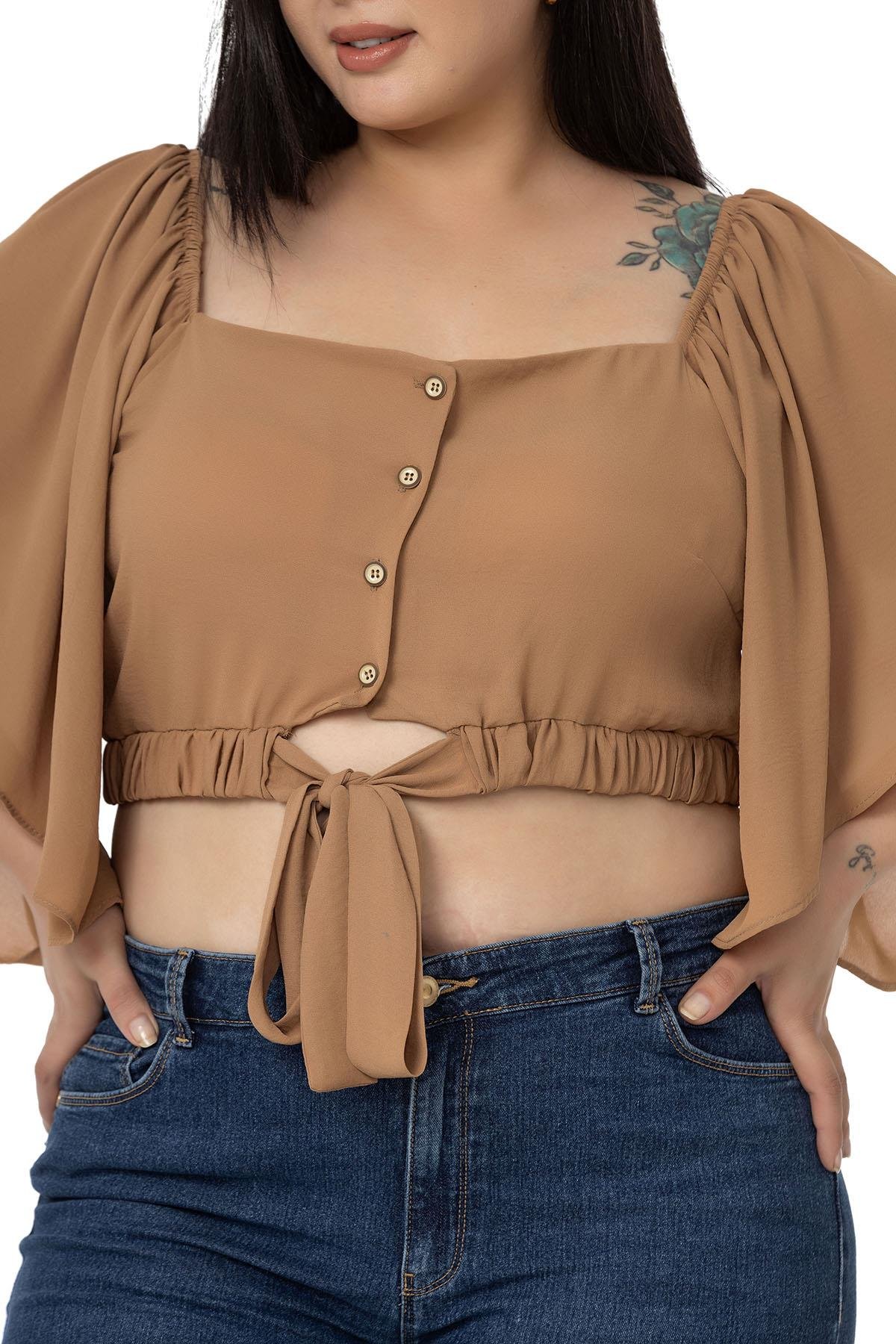 Büyük Beden Geniş Kollu Beli Lastik ve Büzgülü Crop Camel Bluz
