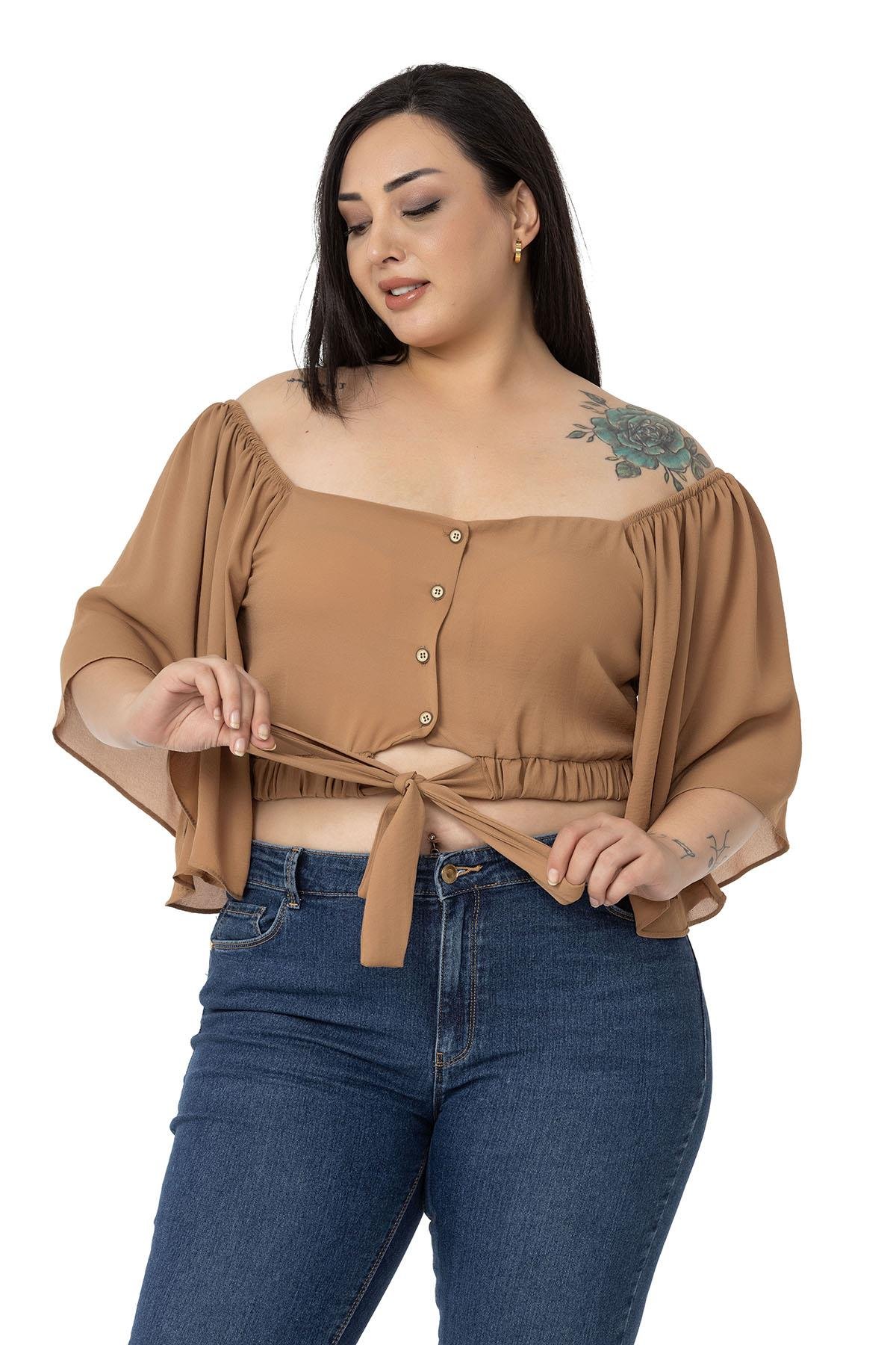 Büyük Beden Geniş Kollu Beli Lastik ve Büzgülü Crop Camel Bluz
