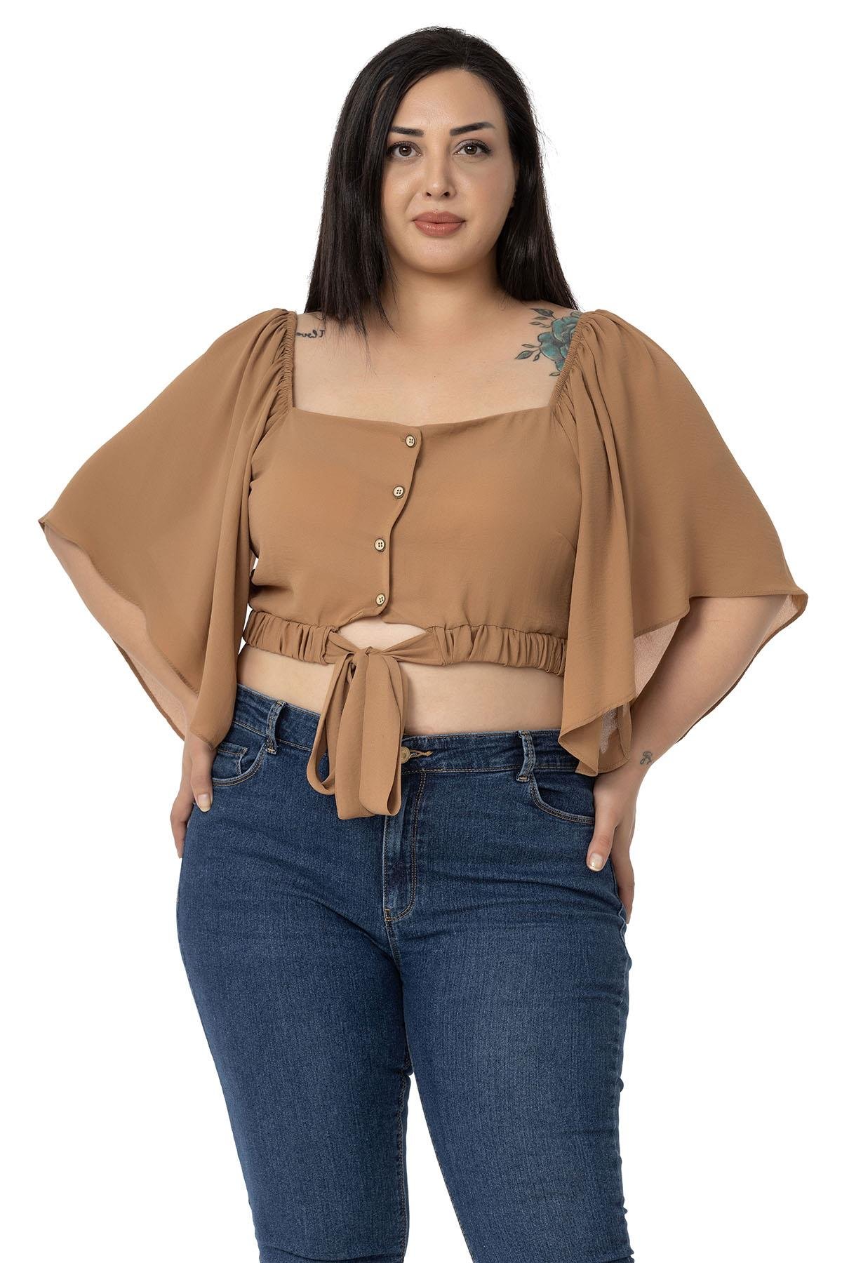 Büyük Beden Geniş Kollu Beli Lastik ve Büzgülü Crop Camel Bluz