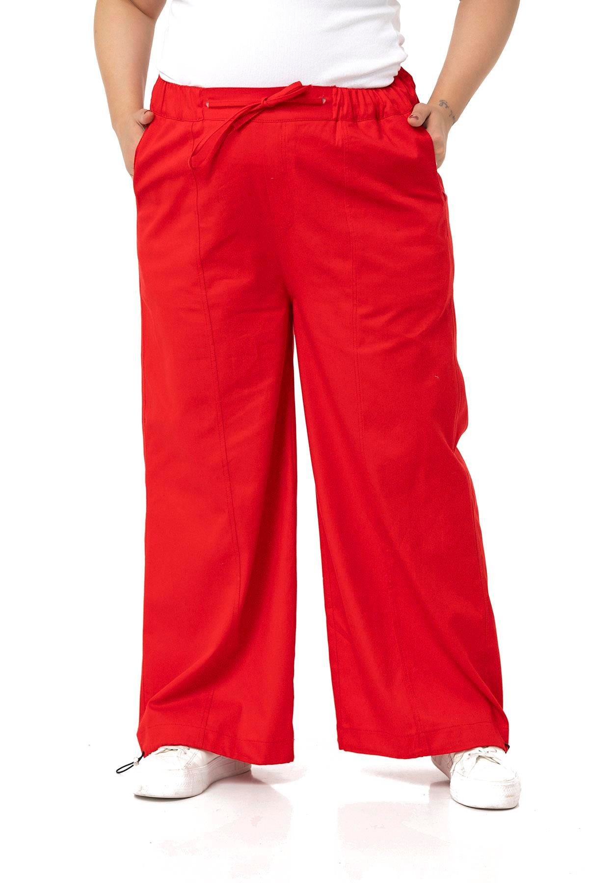DISENTIS MODEST GENC BUYUK BEDEN GABARDIN PANTOLONDISENTIS MODESTBüyük Beden Geniş Paça Bağlama Detaylı Gabardin Kırmızı Pantolon