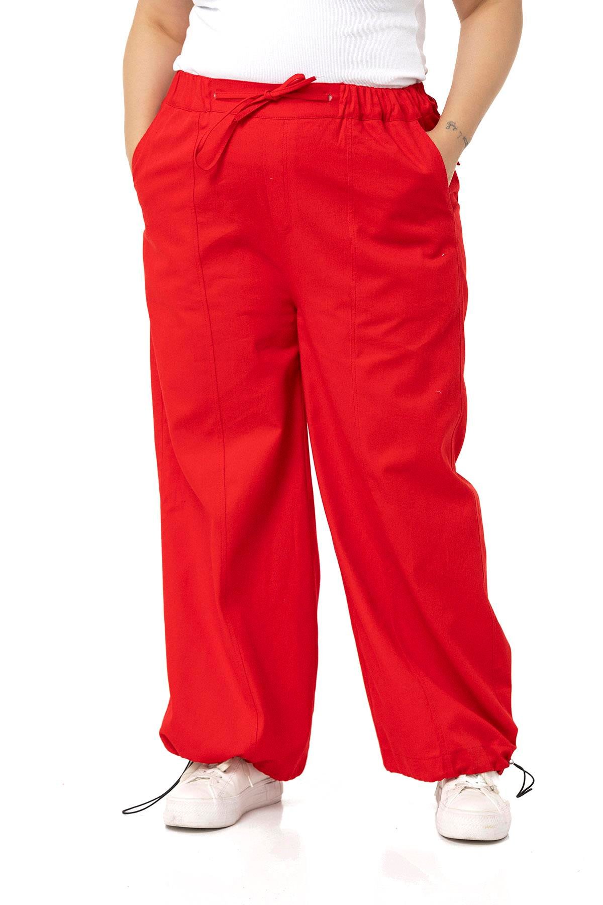 DISENTIS MODEST GENC BUYUK BEDEN GABARDIN PANTOLONDISENTIS MODESTBüyük Beden Geniş Paça Bağlama Detaylı Gabardin Kırmızı Pantolon