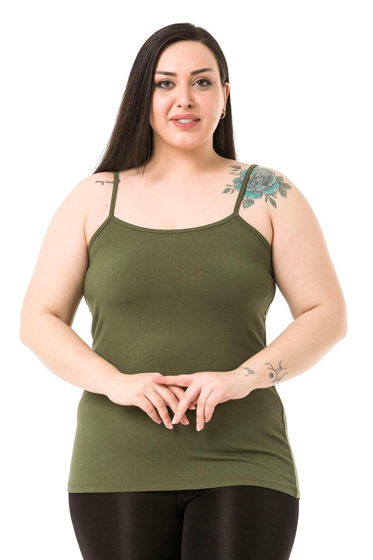 Büyük Beden İp Askılı Viskon Haki Body