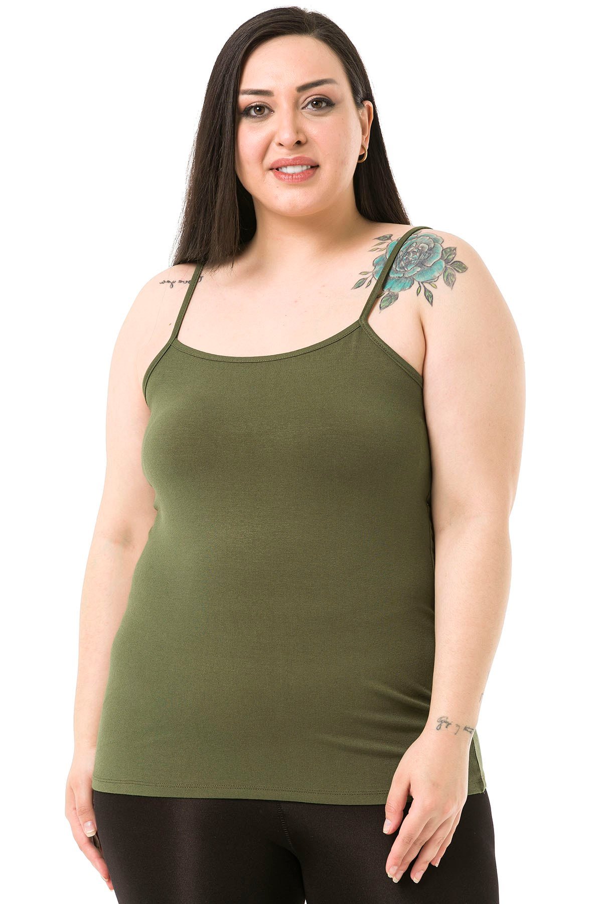 Büyük Beden İp Askılı Viskon Haki Body