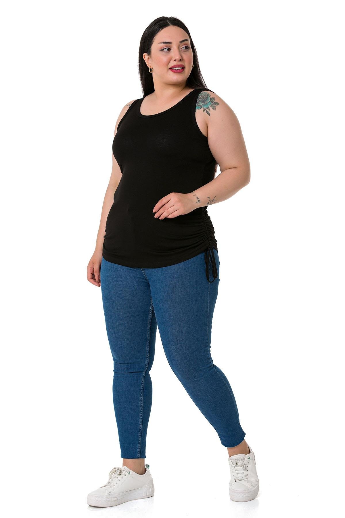 Büyük Beden Kalın Askılı Yanları Tünelli Viskon Siyah Body