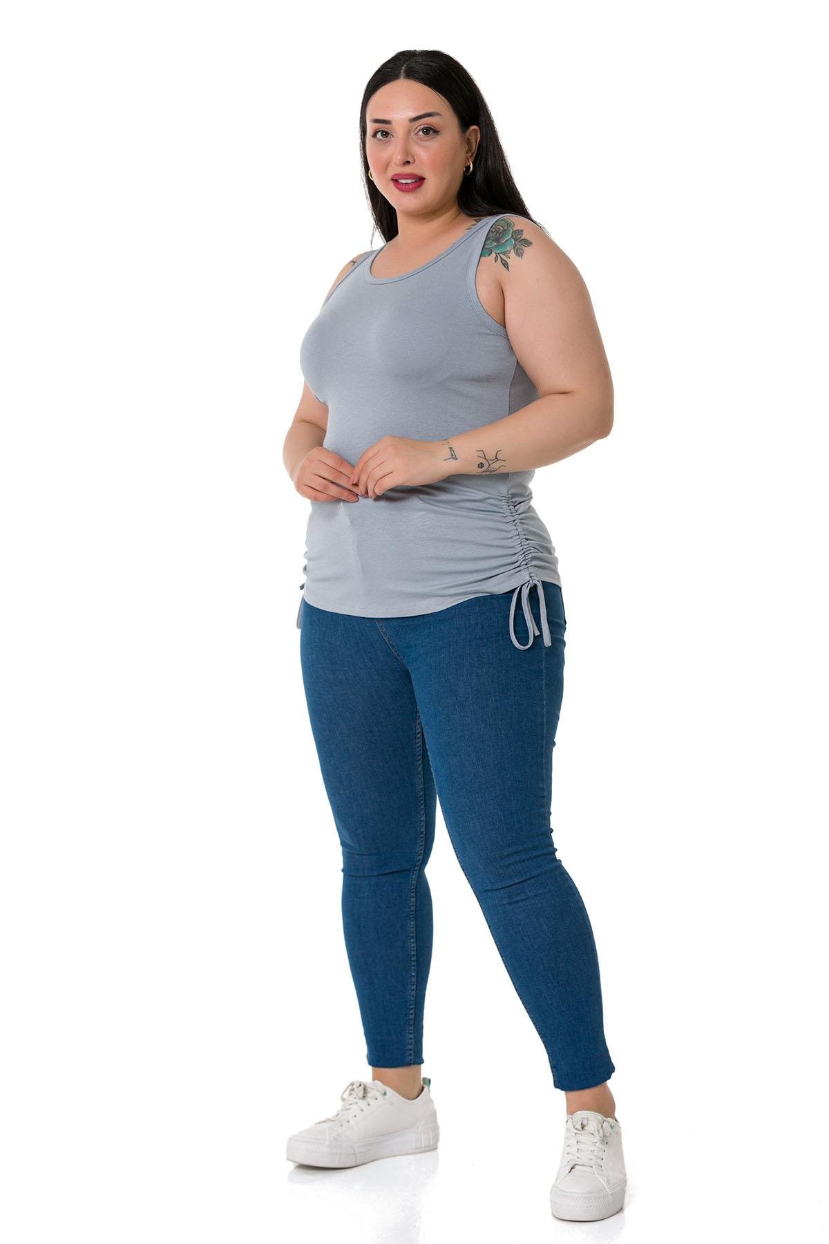 Büyük Beden Kalın Askılı Yanları Tünelli Viskon Açık Gri Body