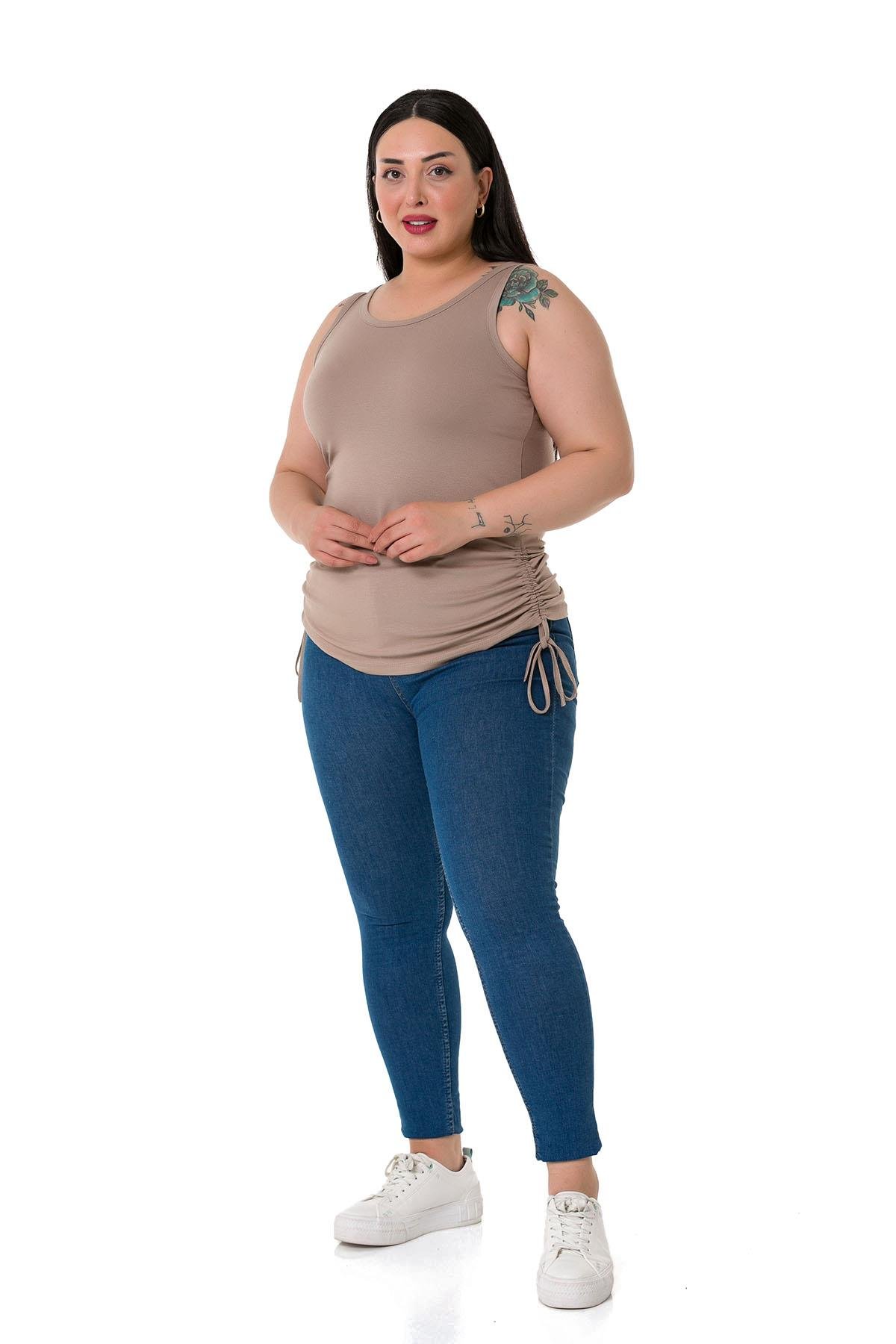 Büyük Beden Kalın Askılı Yanları Tünelli Viskon Vizon Body