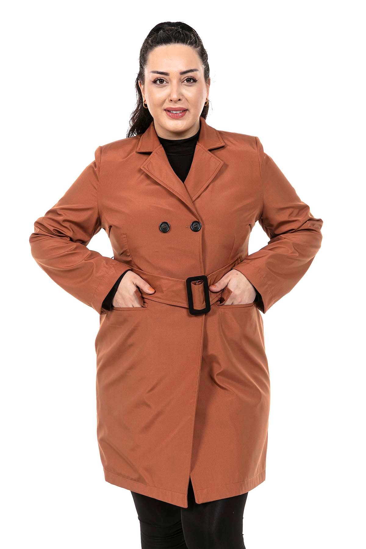 Büyük Beden Kapaklı Cepli Kuşaklı Kruvaze Astarlı Tarçın Rengi Ceket