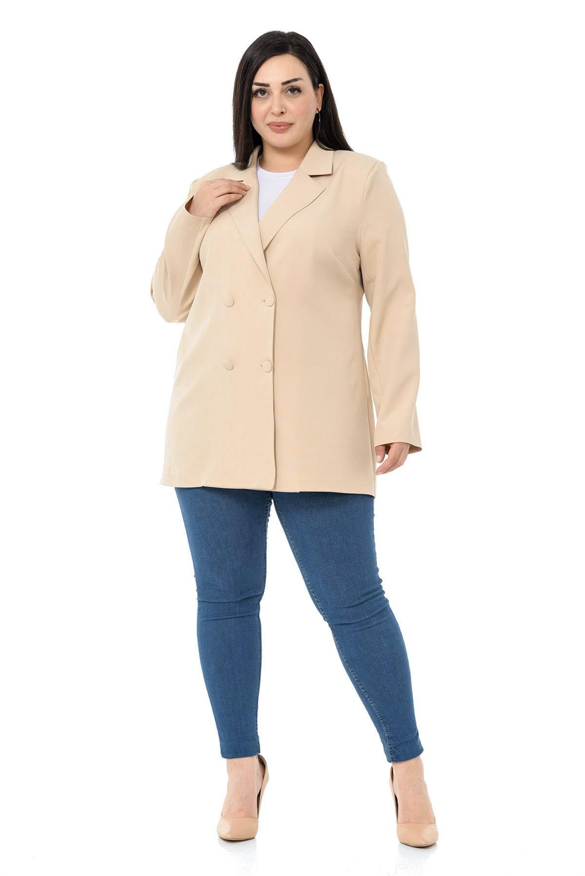 Büyük Beden Kaplama Düğmeli Kruvaze Bej Rengi Astarsız Ceket