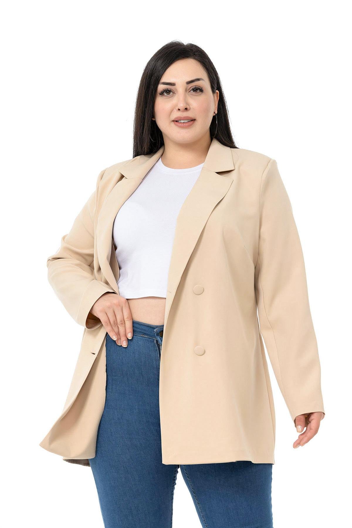 Büyük Beden Kaplama Düğmeli Kruvaze Bej Rengi Astarsız Ceket