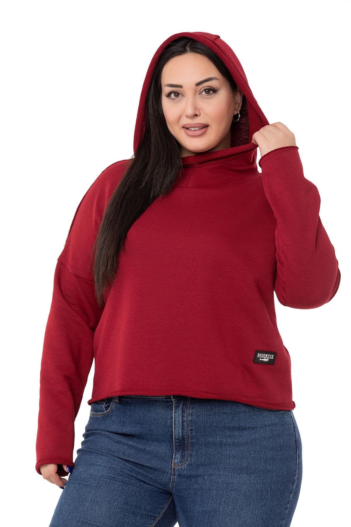 DISENTIS MODEST GENC BUYUK BEDEN SWEATSHIRT KAPUSONLUDISENTIS MODESTBüyük Beden Kapüşonlu Düşük Kollu Pis Dikişli Üç İplik Bordo Sweatshirt 