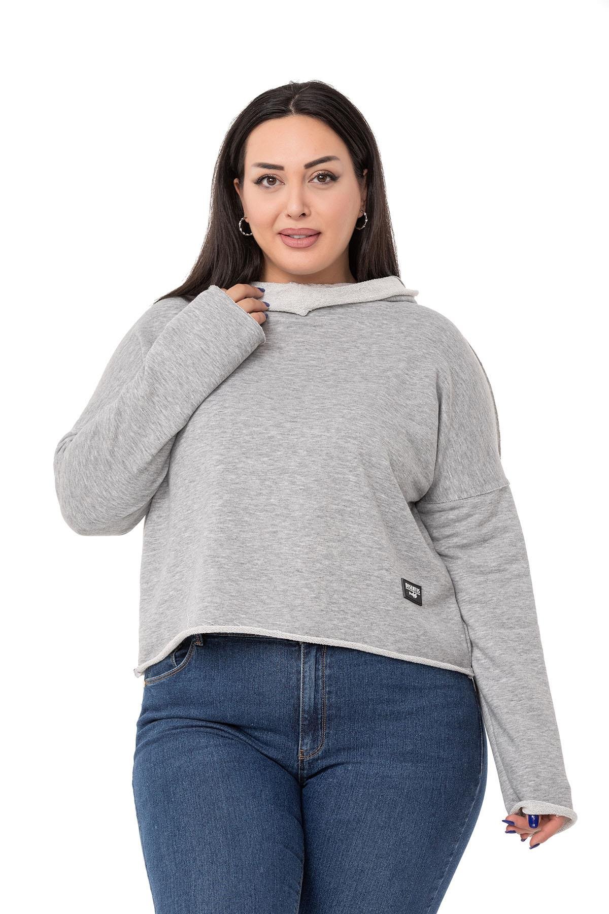 DISENTIS MODEST GENC BUYUK BEDEN SWEATSHIRT KAPUSONLUDISENTIS MODESTBüyük Beden Kapüşonlu Düşük Kollu Pis Dikişli Üç İplik Gri Melanj Sweatshirt 