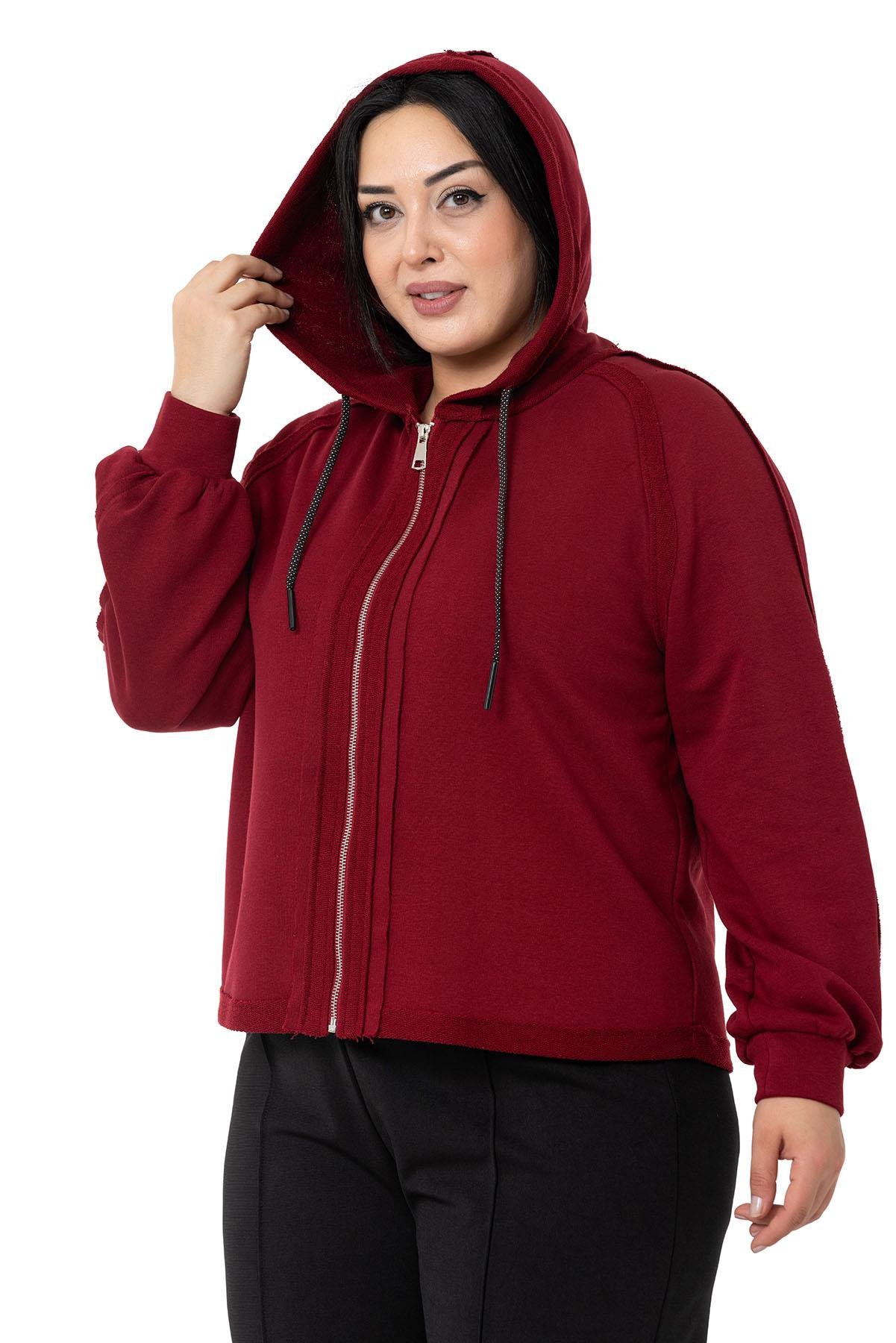 DISENTIS, BIG SIZE, HIRKA, KAPÜŞONLU SWET, KAPÜŞONLU HIRKA, ÜÇ İPLİK, BÜYÜK BEDENDISENTIS MODESTBüyük Beden Kapüşonlu Fermuarlı Üç İplik Bordo Sweatshirt