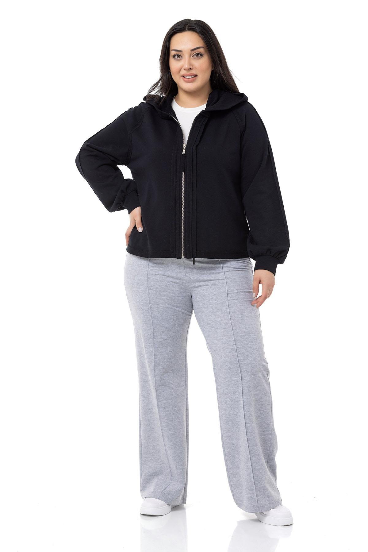 DISENTIS, BIG SIZE, HIRKA, KAPÜŞONLU SWET, KAPÜŞONLU HIRKA, ÜÇ İPLİK, BÜYÜK BEDENDISENTIS MODESTBüyük Beden Kapüşonlu Fermuarlı Üç İplik Siyah Sweatshirt