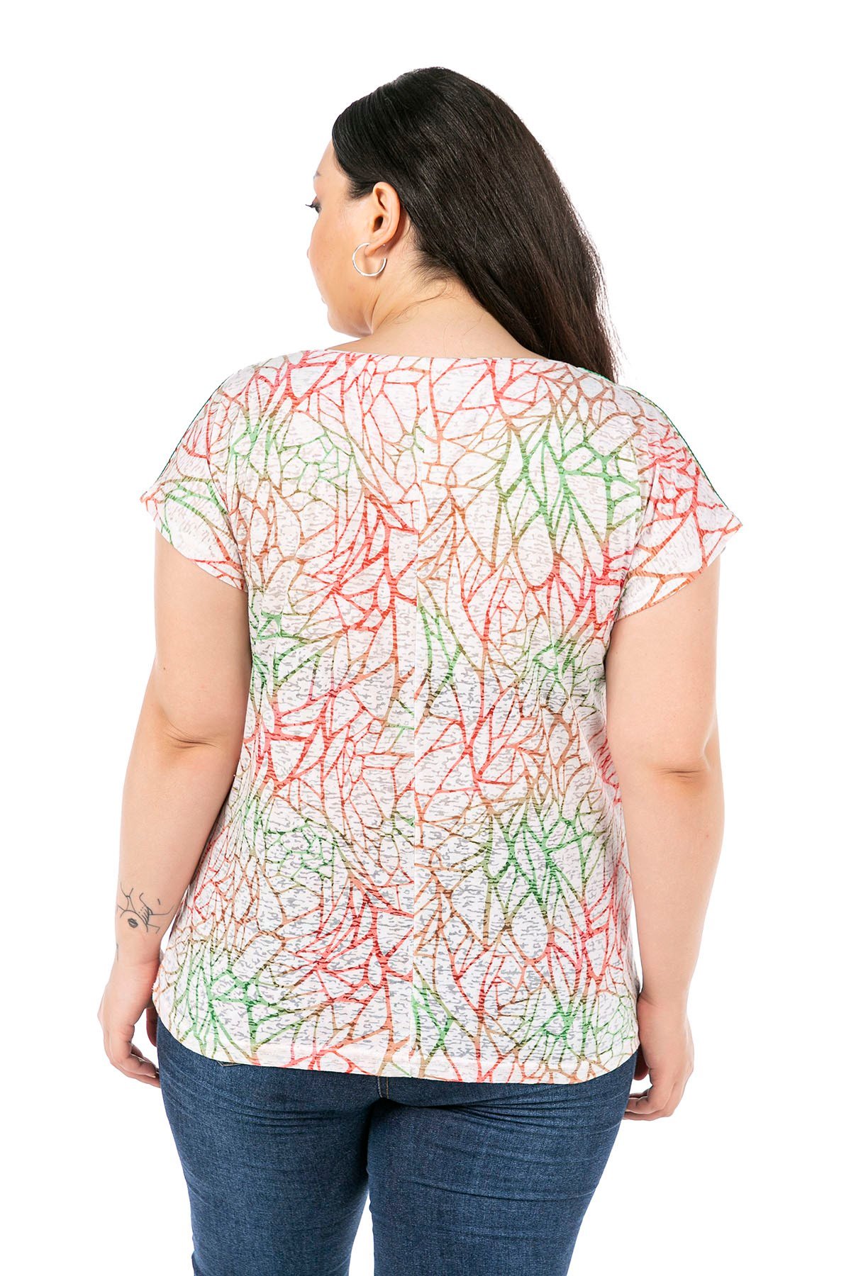Büyük Beden Kayık Yaka Düşük Omuzlu Yeşil Şerit Detaylı T-Shirt