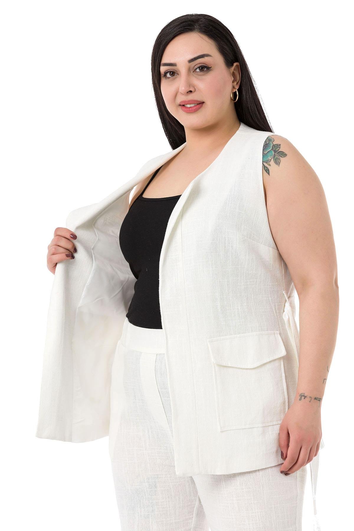 Büyük Beden Kemerli Yelek Pantolon Keten Astarlı Beyaz Takım