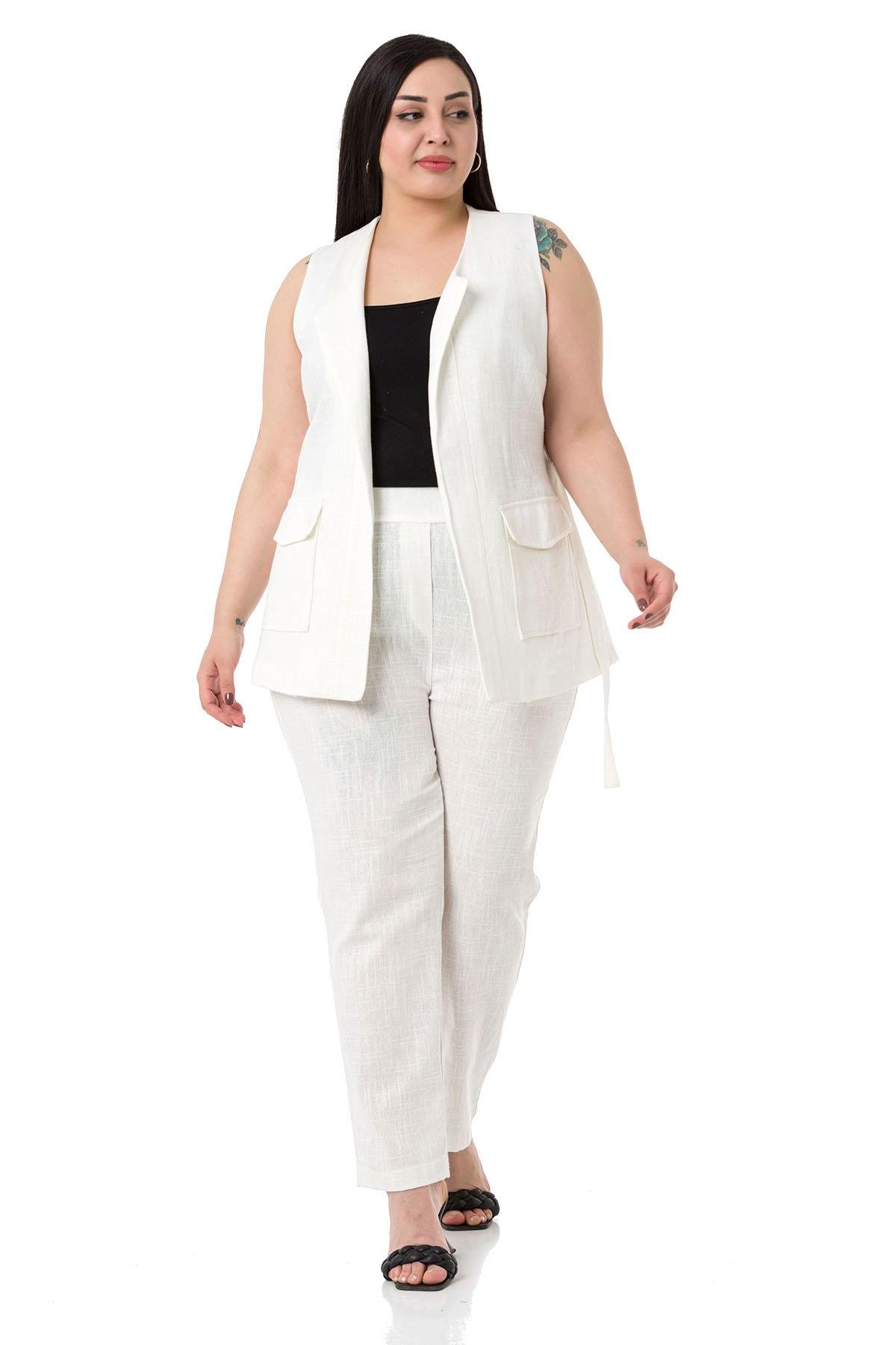 Büyük Beden Kemerli Yelek Pantolon Keten Astarlı Beyaz Takım