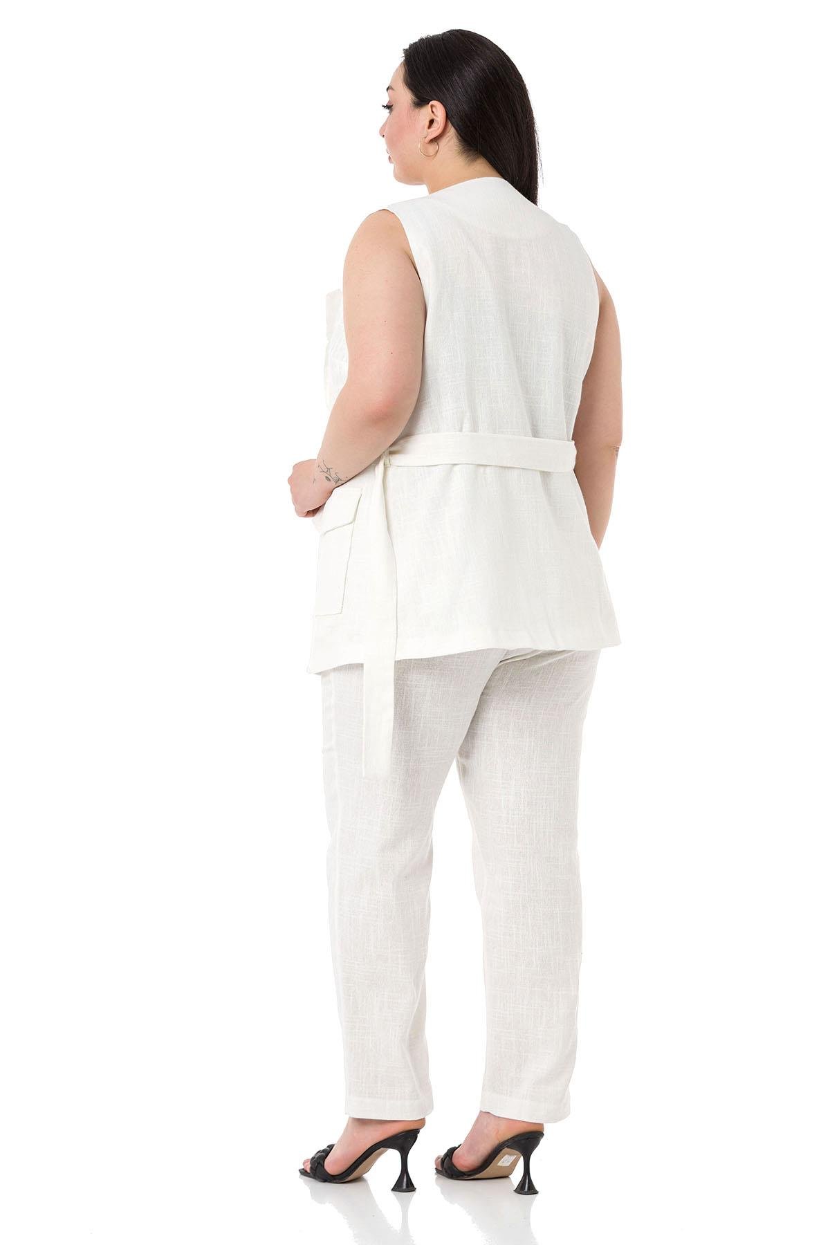 Büyük Beden Kemerli Yelek Pantolon Keten Astarlı Beyaz Takım