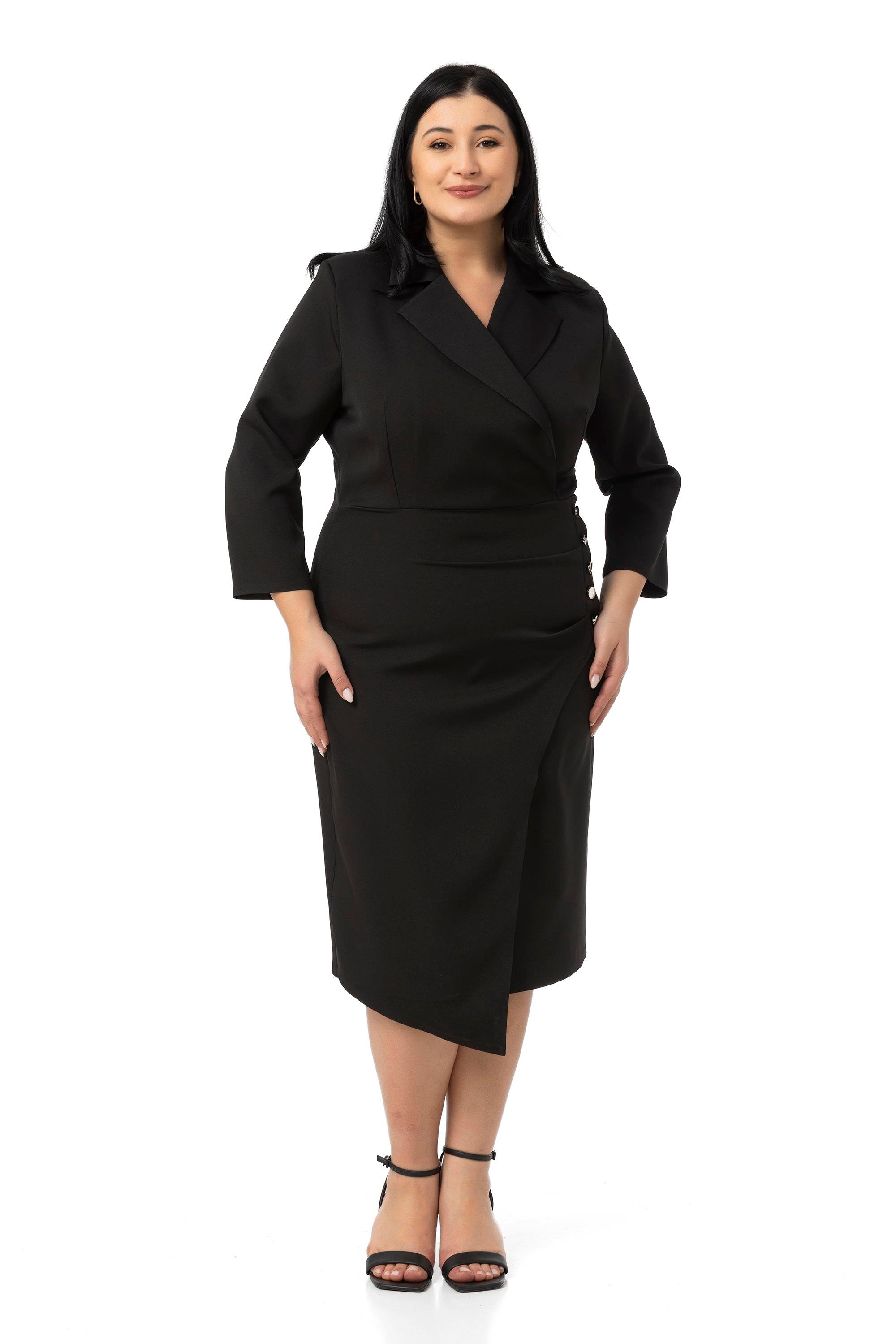 Disentis Modest Büyük Beden Kruvaze Ceket Yaka Süs Düğme Detaylı Truvakar Kol Siyah ElbiseDISENTIS MODESTBüyük Beden Kruvaze Ceket Yaka Süs Düğme Detaylı Truvakar Kol Siyah Elbise
