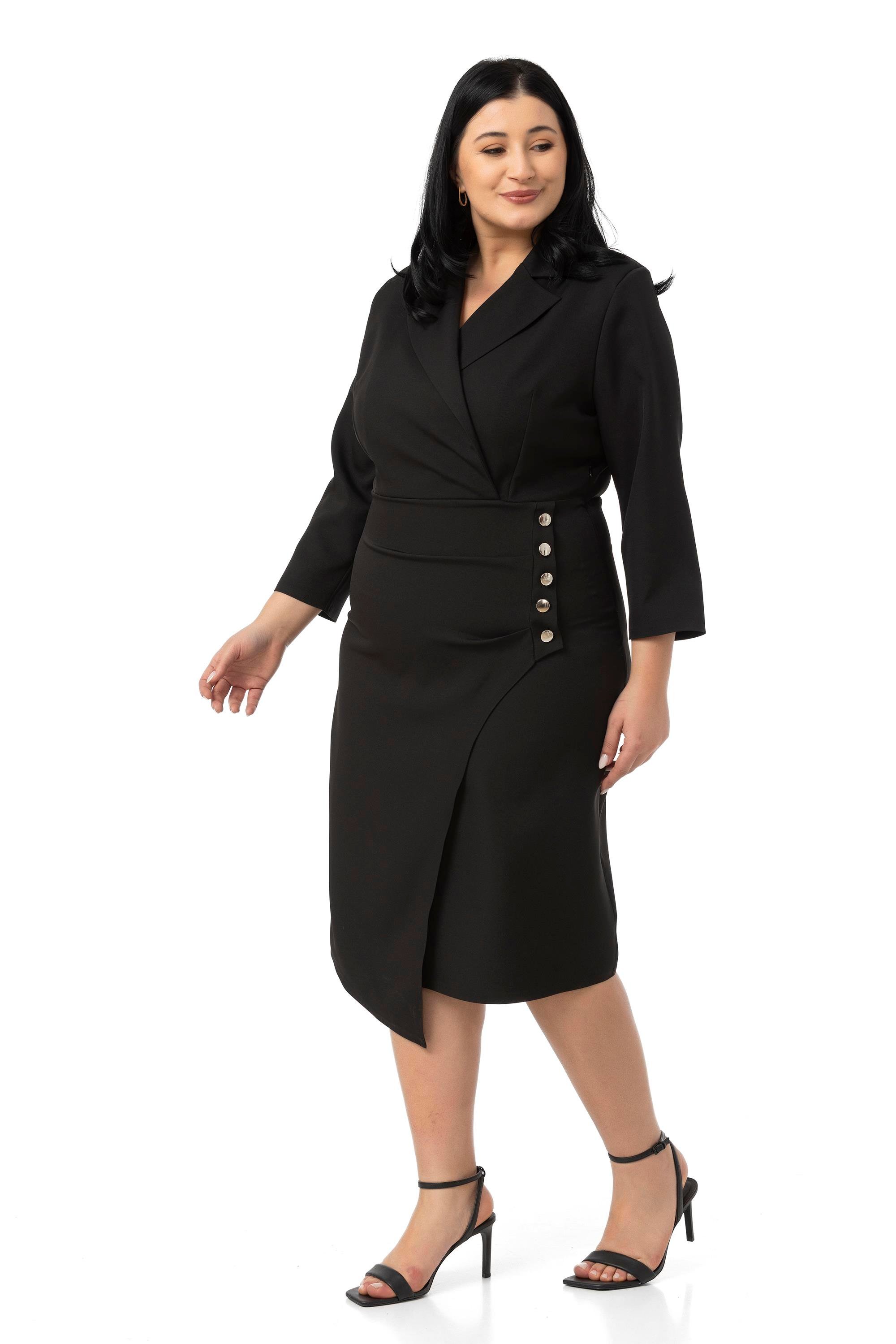Disentis Modest Büyük Beden Kruvaze Ceket Yaka Süs Düğme Detaylı Truvakar Kol Siyah ElbiseDISENTIS MODESTBüyük Beden Kruvaze Ceket Yaka Süs Düğme Detaylı Truvakar Kol Siyah Elbise