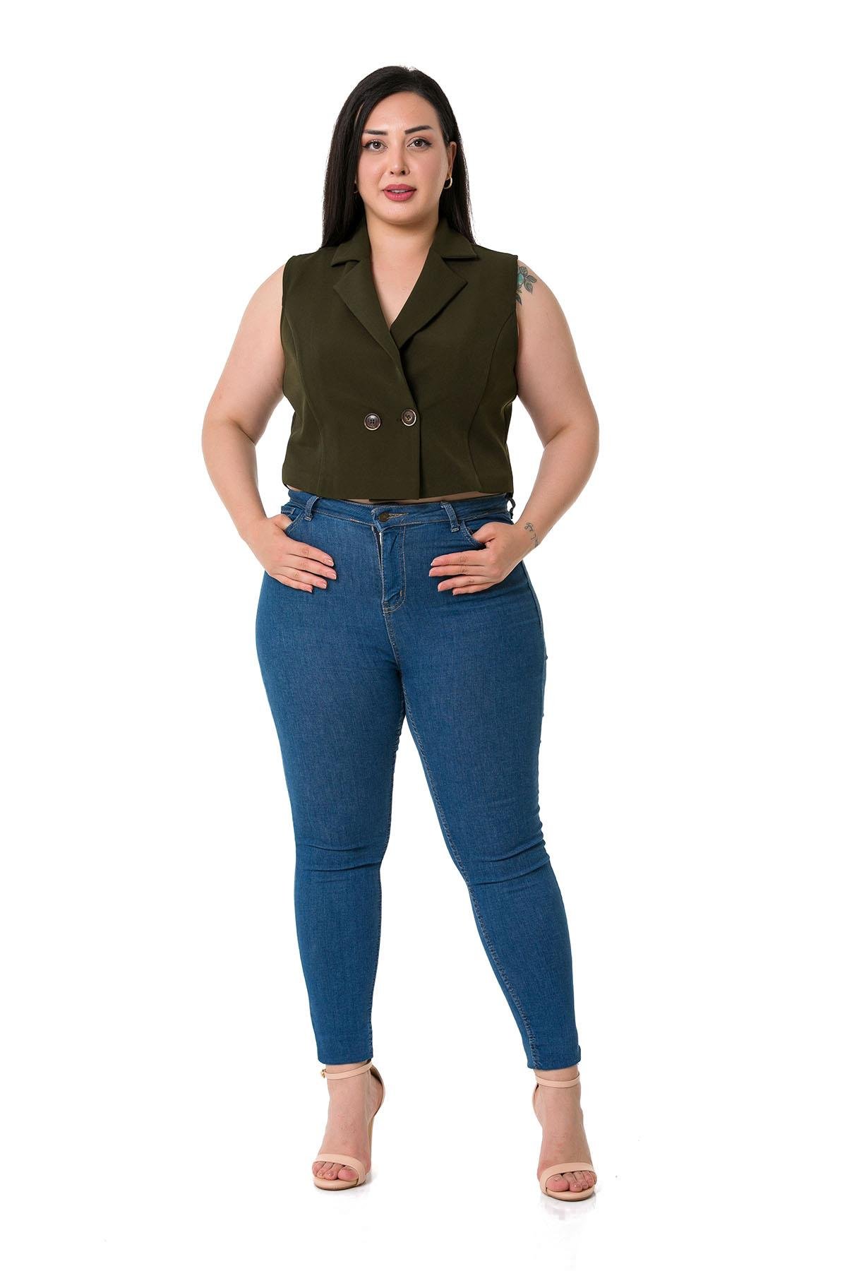 Büyük Beden Kruvaze Çift Düğmeli Haki Mini Yelek