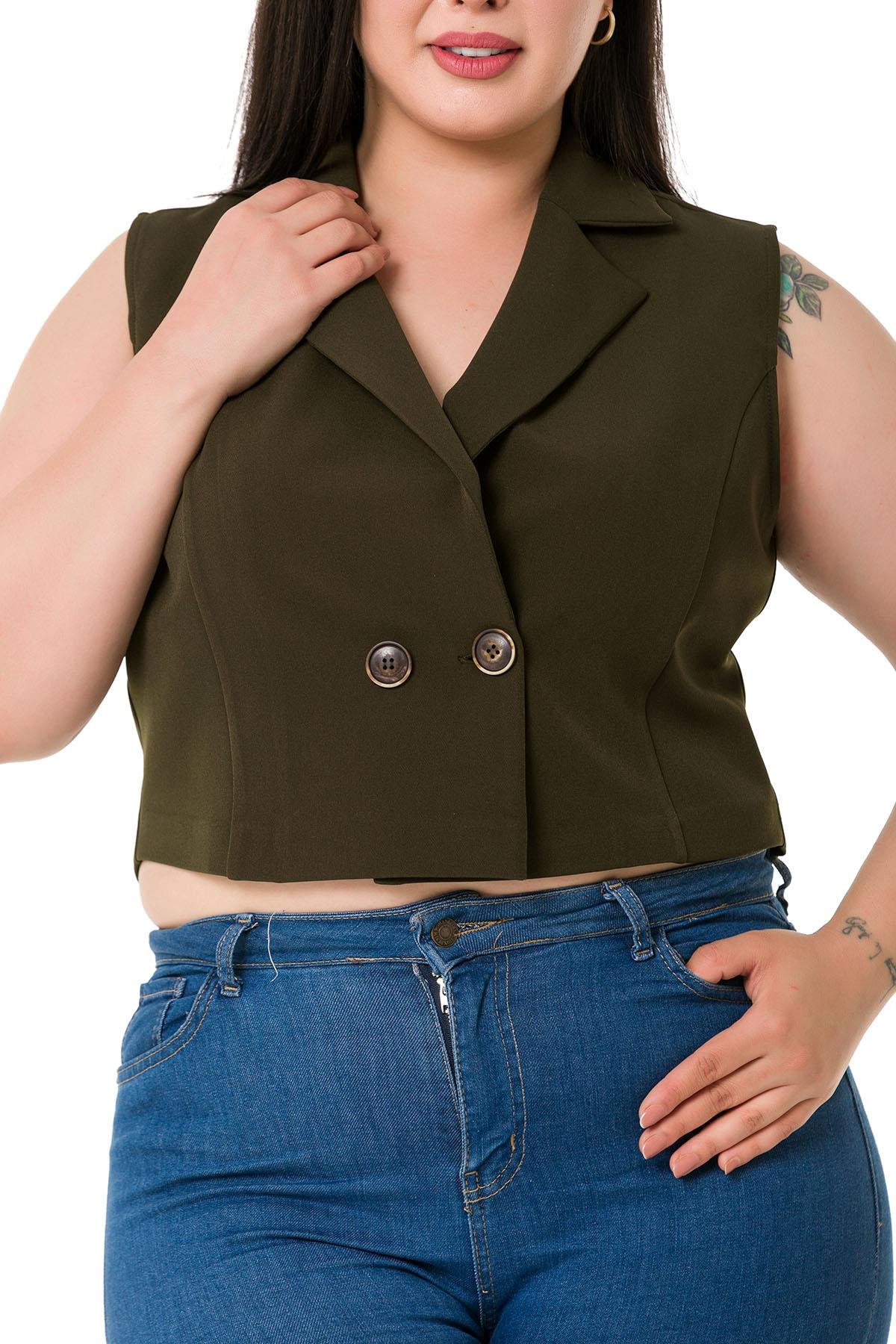 Büyük Beden Kruvaze Çift Düğmeli Haki Mini Yelek
