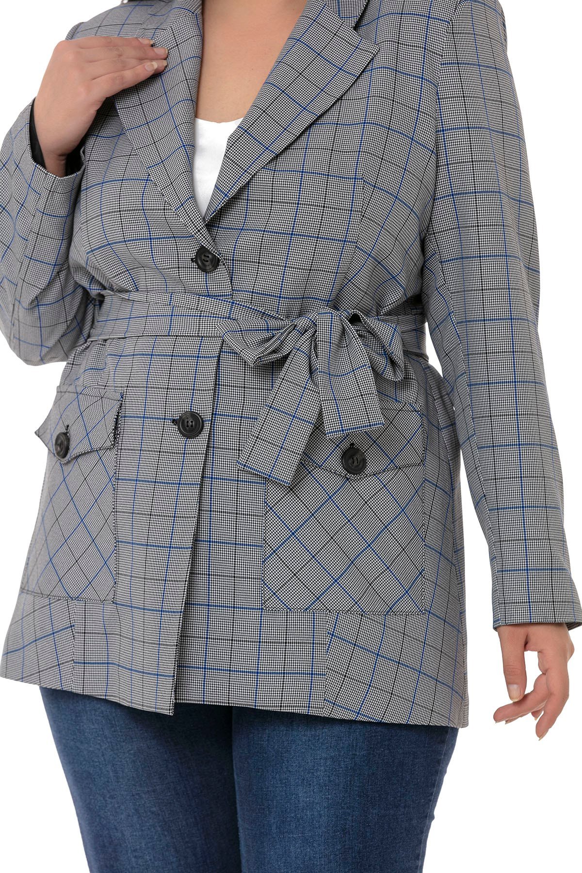 Büyük Beden Kuşaklı Düğmeli Kapaklı Cepli Astarlı Blazer Siyah Mavi Ceket