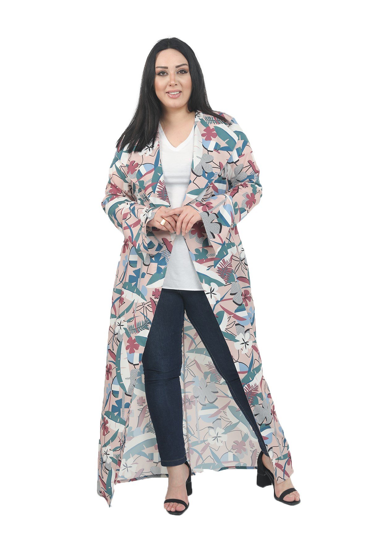 Büyük Beden Mendil Yaka Çiçek ve Yaprak Desenli Kolları Yırtmaç Detaylı Uzun Somon Kimono&Kaftan