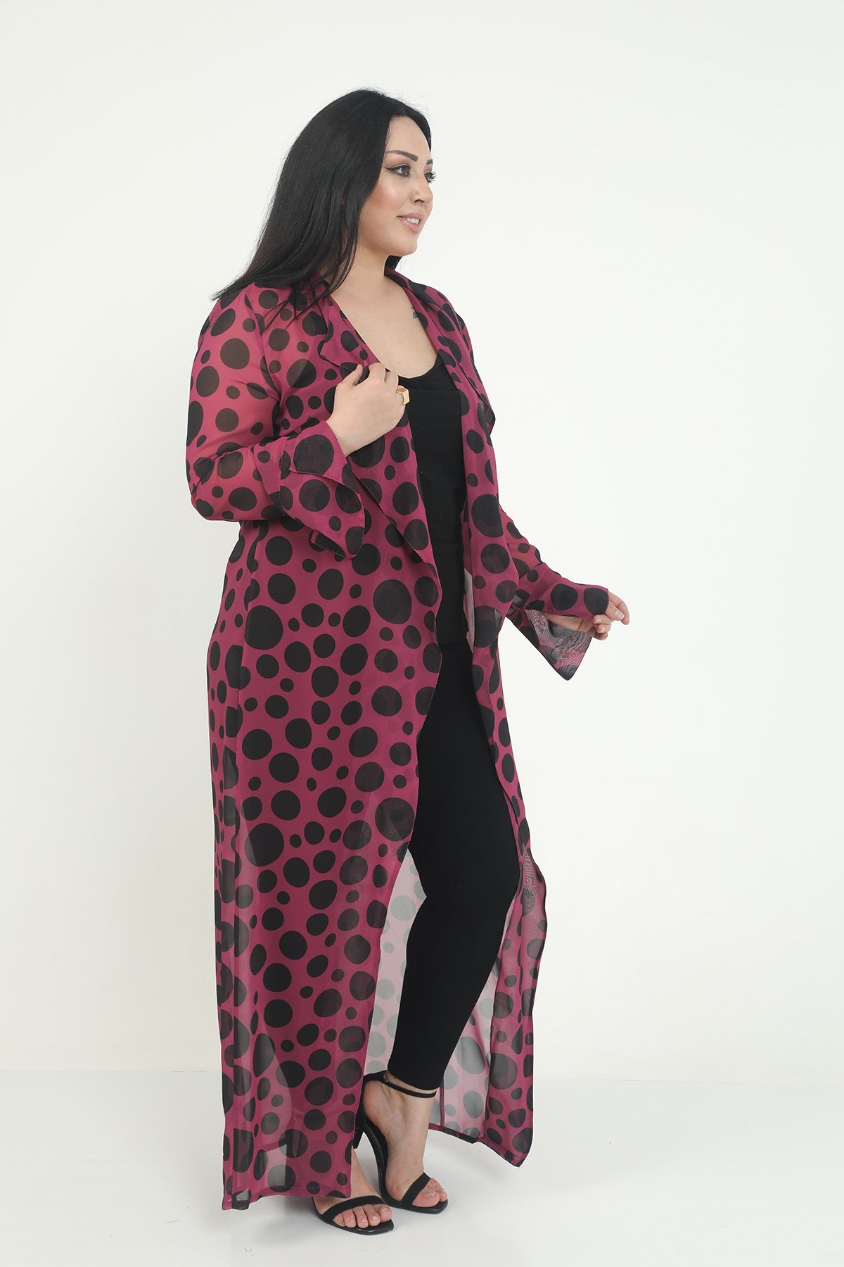 Büyük Beden Mendil Yaka Puanlı Kolları Yırtmaç Detaylı Uzun Mürdüm Kimono&Kaftan
