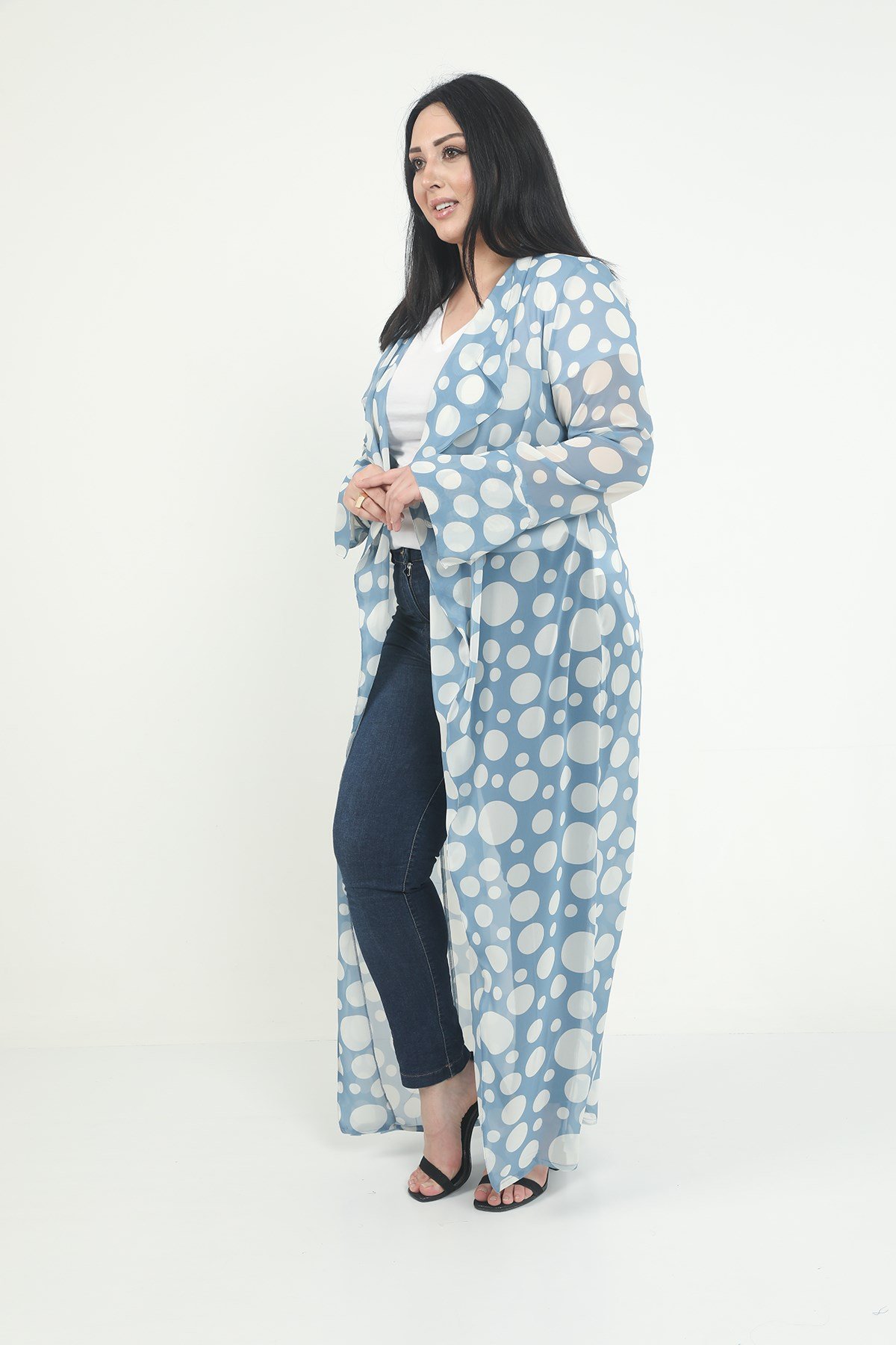 Büyük Beden Mendil Yaka Puanlı Kolları Yırtmaç Detaylı Uzun Mavi Kimono&Kaftan