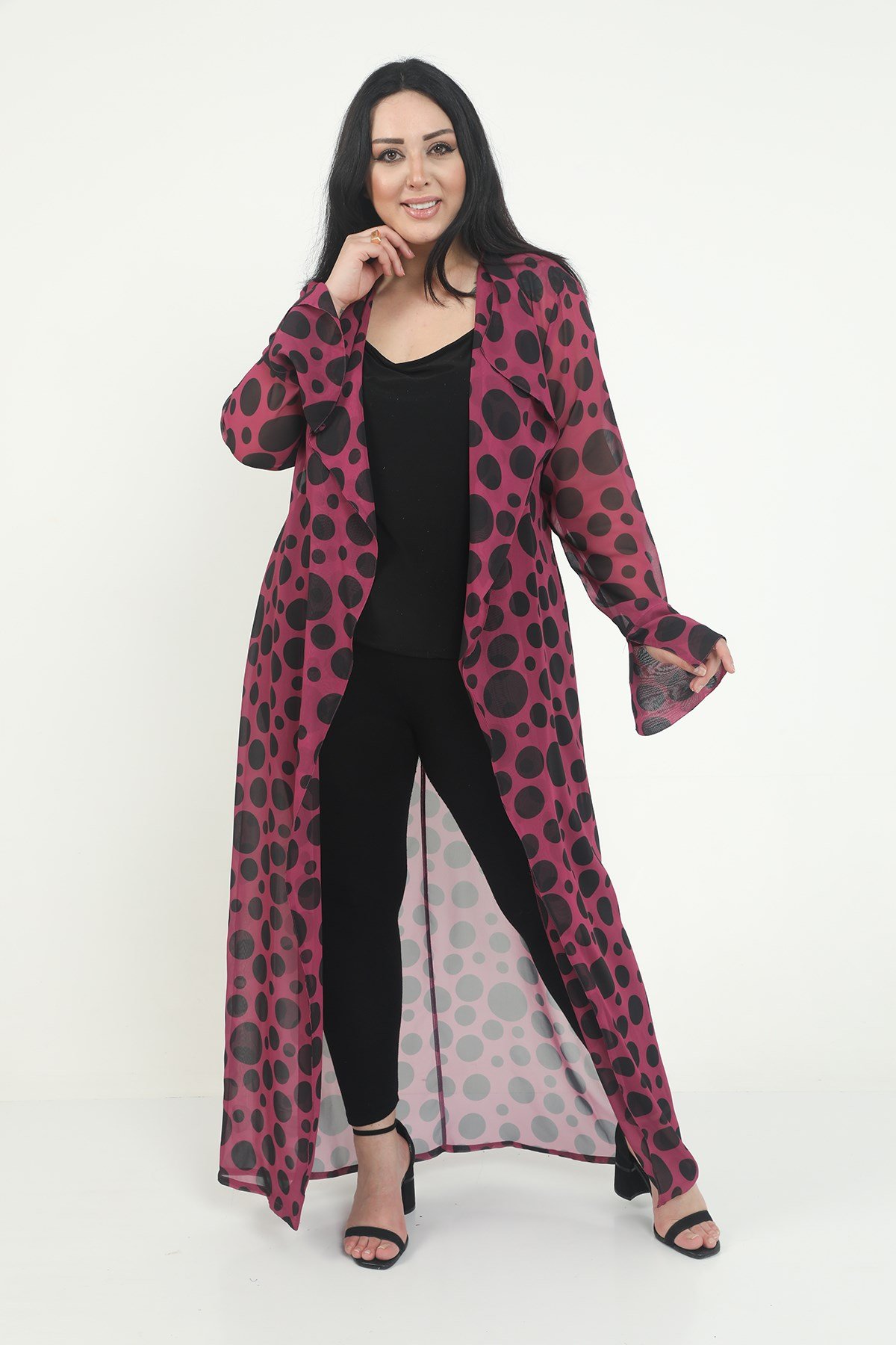 Büyük Beden Mendil Yaka Puanlı Kolları Yırtmaç Detaylı Uzun Mürdüm Kimono&Kaftan