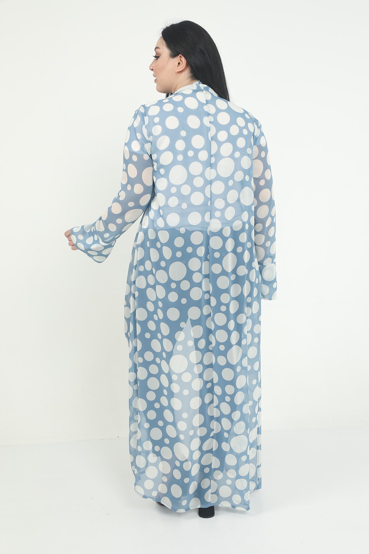 Büyük Beden Mendil Yaka Puanlı Kolları Yırtmaç Detaylı Uzun Mavi Kimono&Kaftan