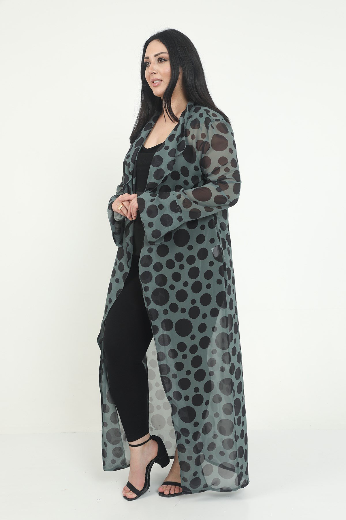 Büyük Beden Mendil Yaka Puanlı Kolları Yırtmaç Detaylı Uzun Haki Kimono&Kaftan