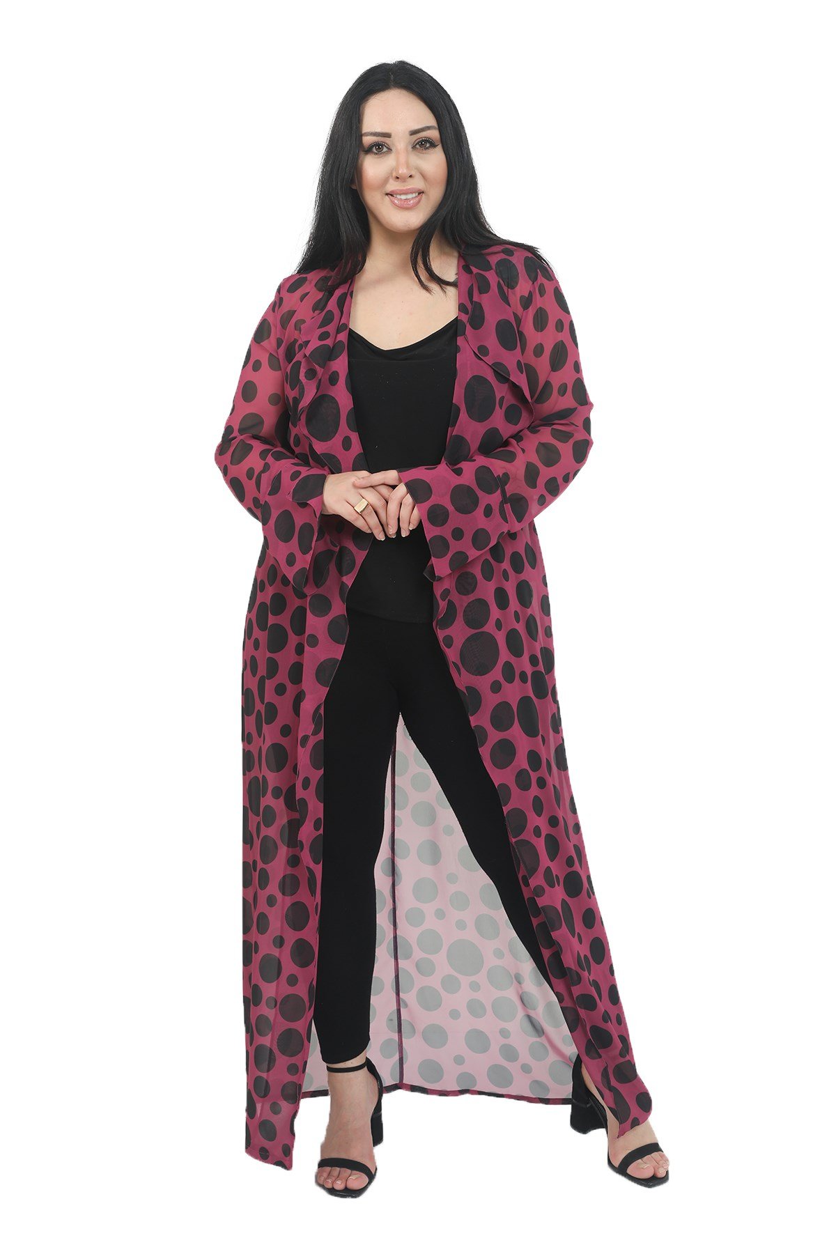 Büyük Beden Mendil Yaka Puanlı Kolları Yırtmaç Detaylı Uzun Mürdüm Kimono&Kaftan