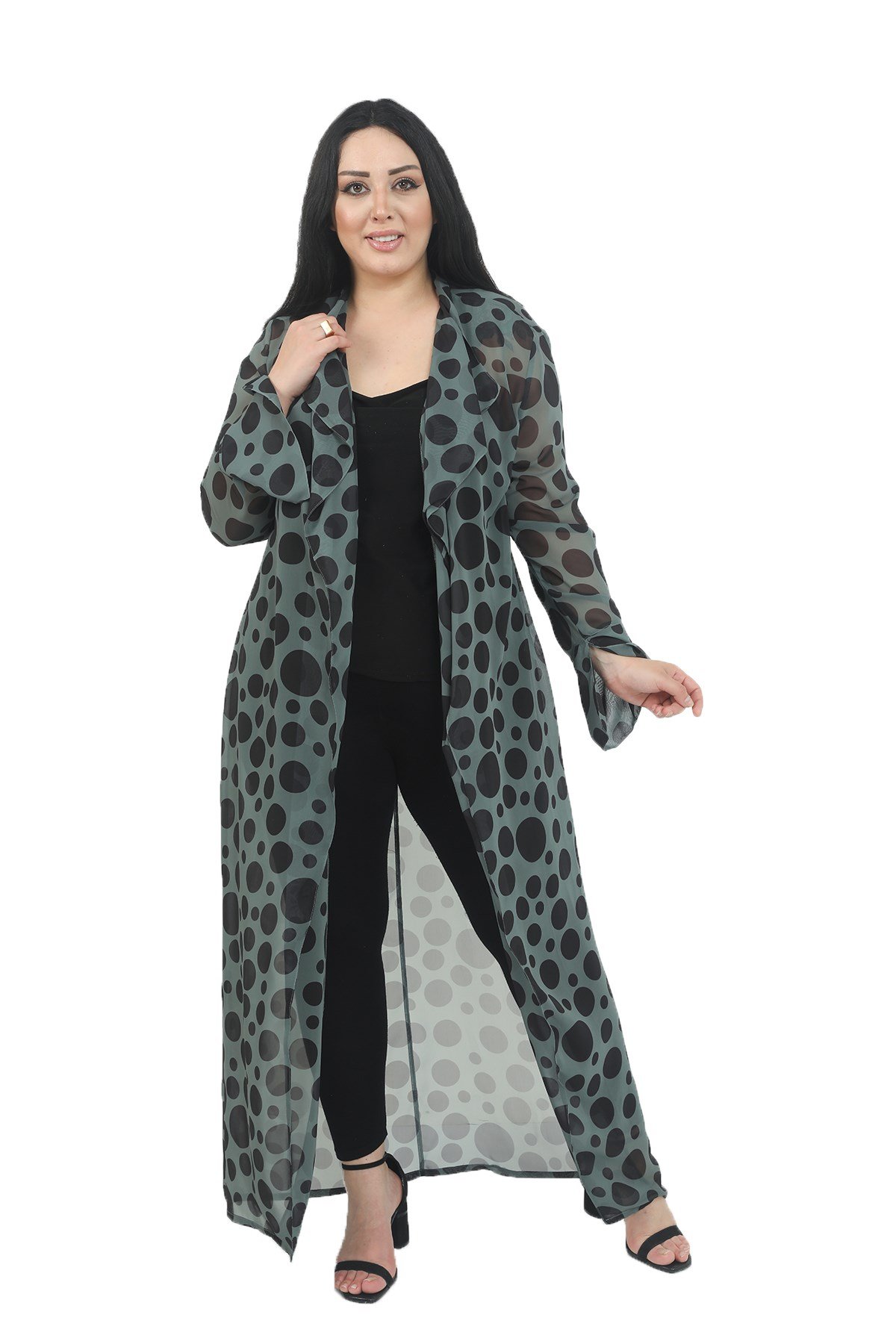 Büyük Beden Mendil Yaka Puanlı Kolları Yırtmaç Detaylı Uzun Haki Kimono&Kaftan