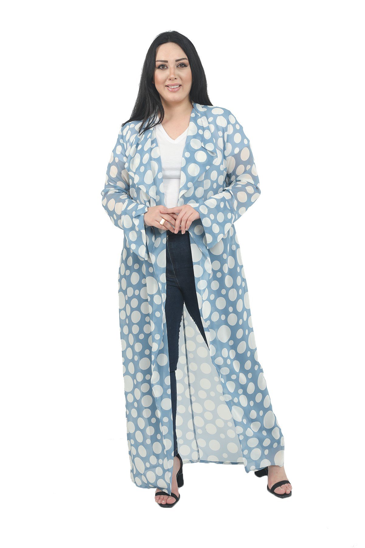 Büyük Beden Mendil Yaka Puanlı Kolları Yırtmaç Detaylı Uzun Mavi Kimono&Kaftan
