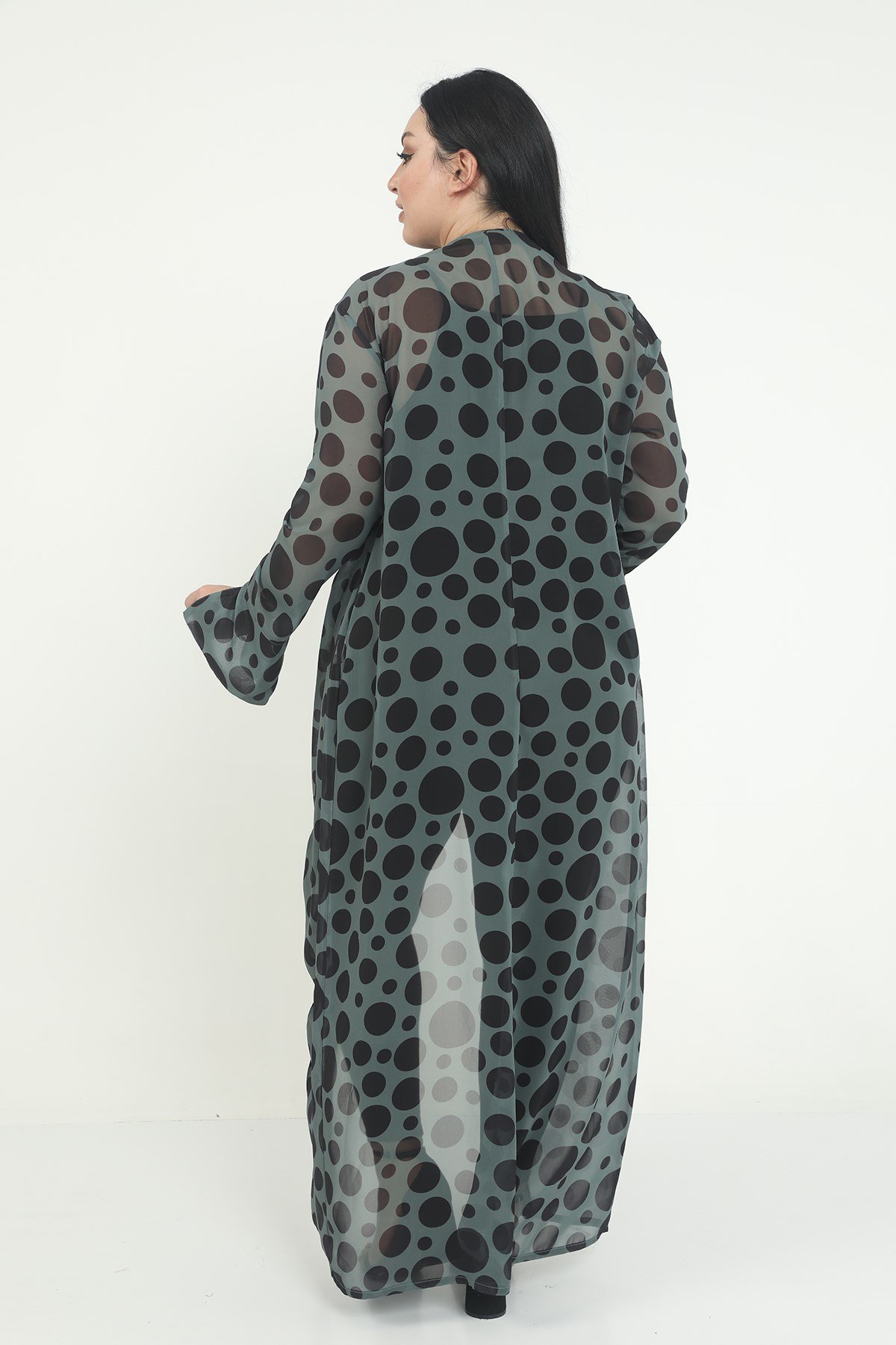 Büyük Beden Mendil Yaka Puanlı Kolları Yırtmaç Detaylı Uzun Haki Kimono&Kaftan