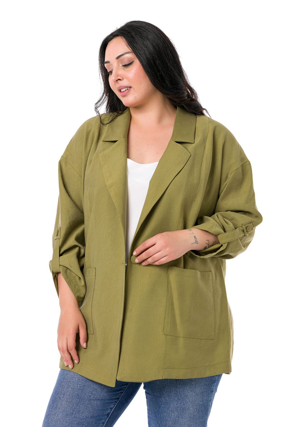 Büyük Beden Mono Yaka Katlamalı Kollu Torba Cepli Oversize Haki Astarsız Kadın Ceket