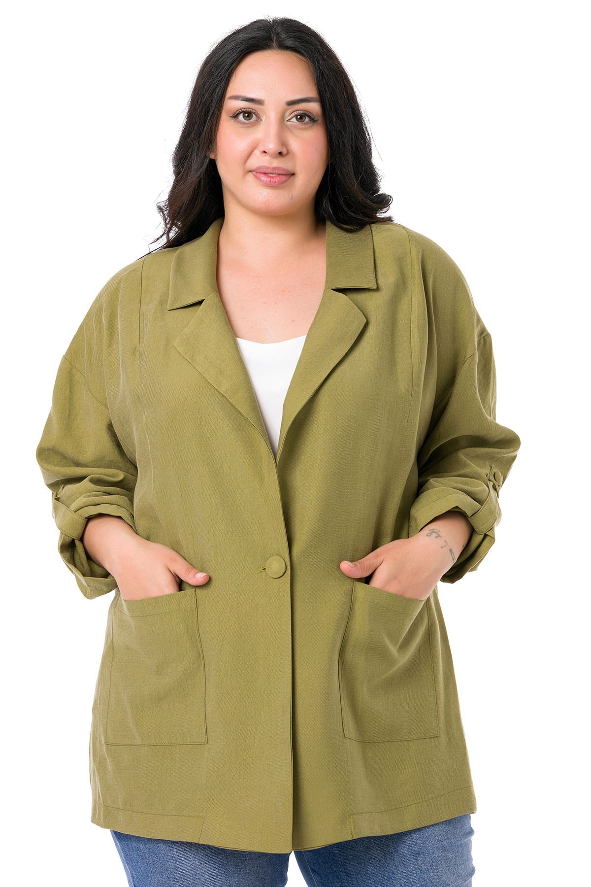 Büyük Beden Mono Yaka Katlamalı Kollu Torba Cepli Oversize Haki Astarsız Kadın Ceket