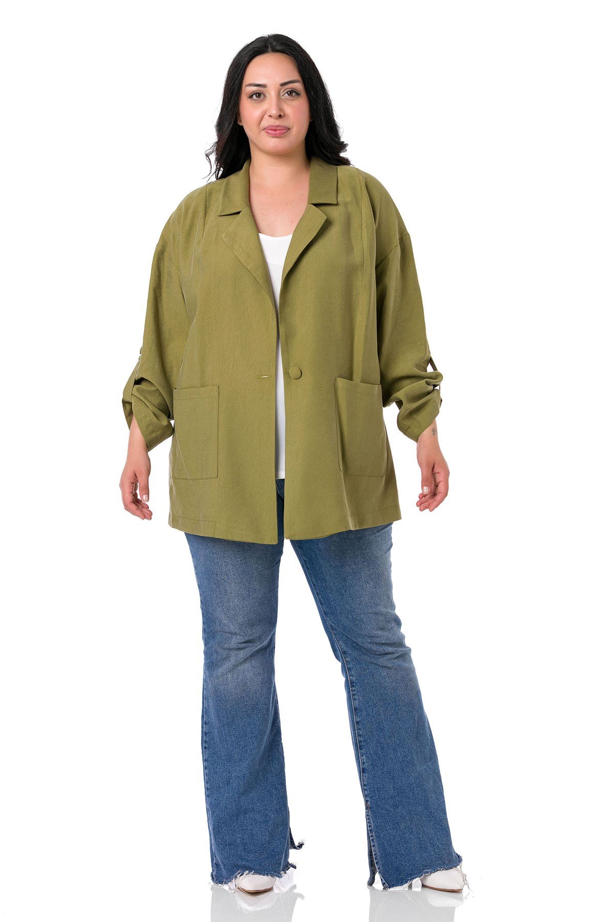 Büyük Beden Mono Yaka Katlamalı Kollu Torba Cepli Oversize Haki Astarsız Kadın Ceket